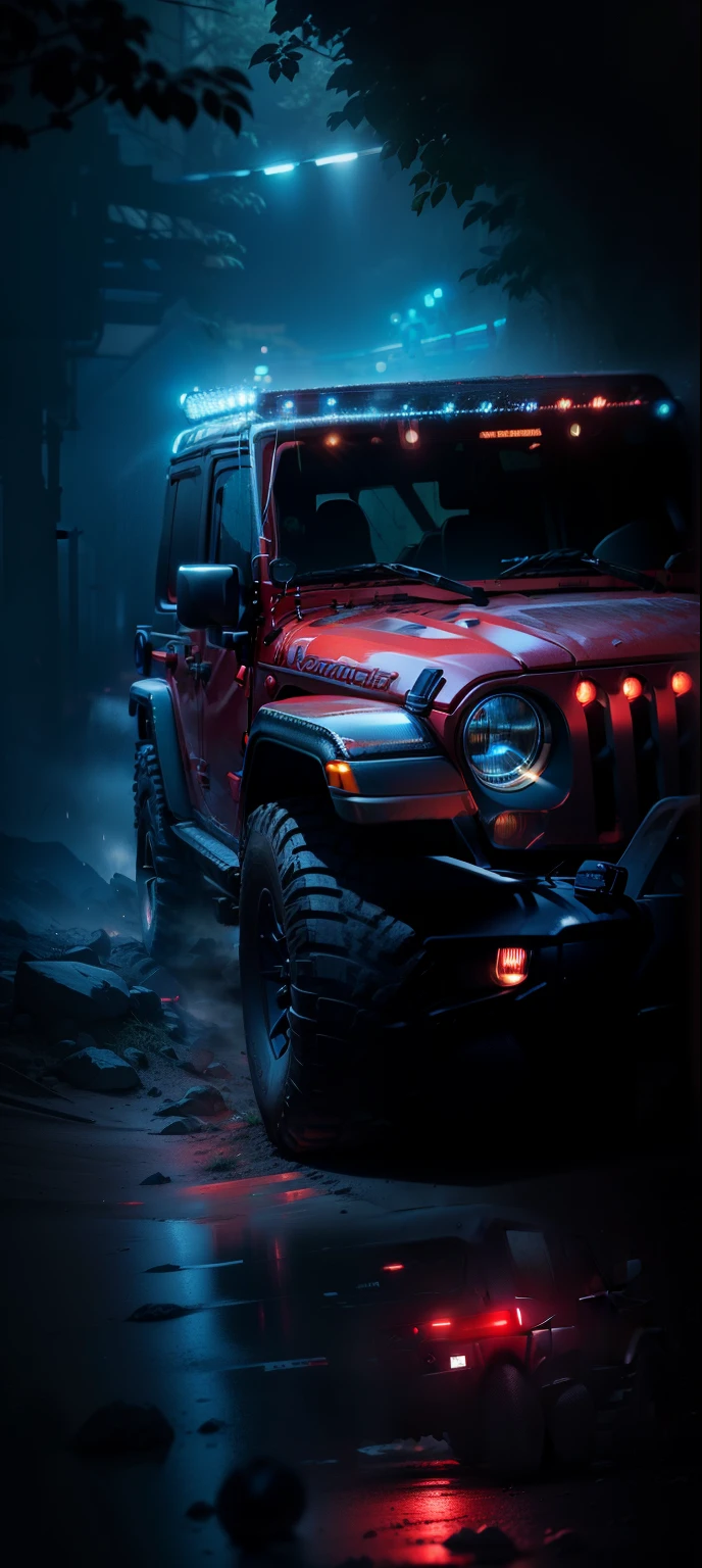 jeep in the dark with red lights on, red and cinematic lighting, realistic paint job, 发red light, Red LED, red light, cinematic red lighting, jeep wrangler, red neon light, jeep, jeep in background, red lighting eyes, with red lighting eyes, off-road, with movie lighting, 发red light eyes, Red LED light, Neon lights light up, mahindra tal