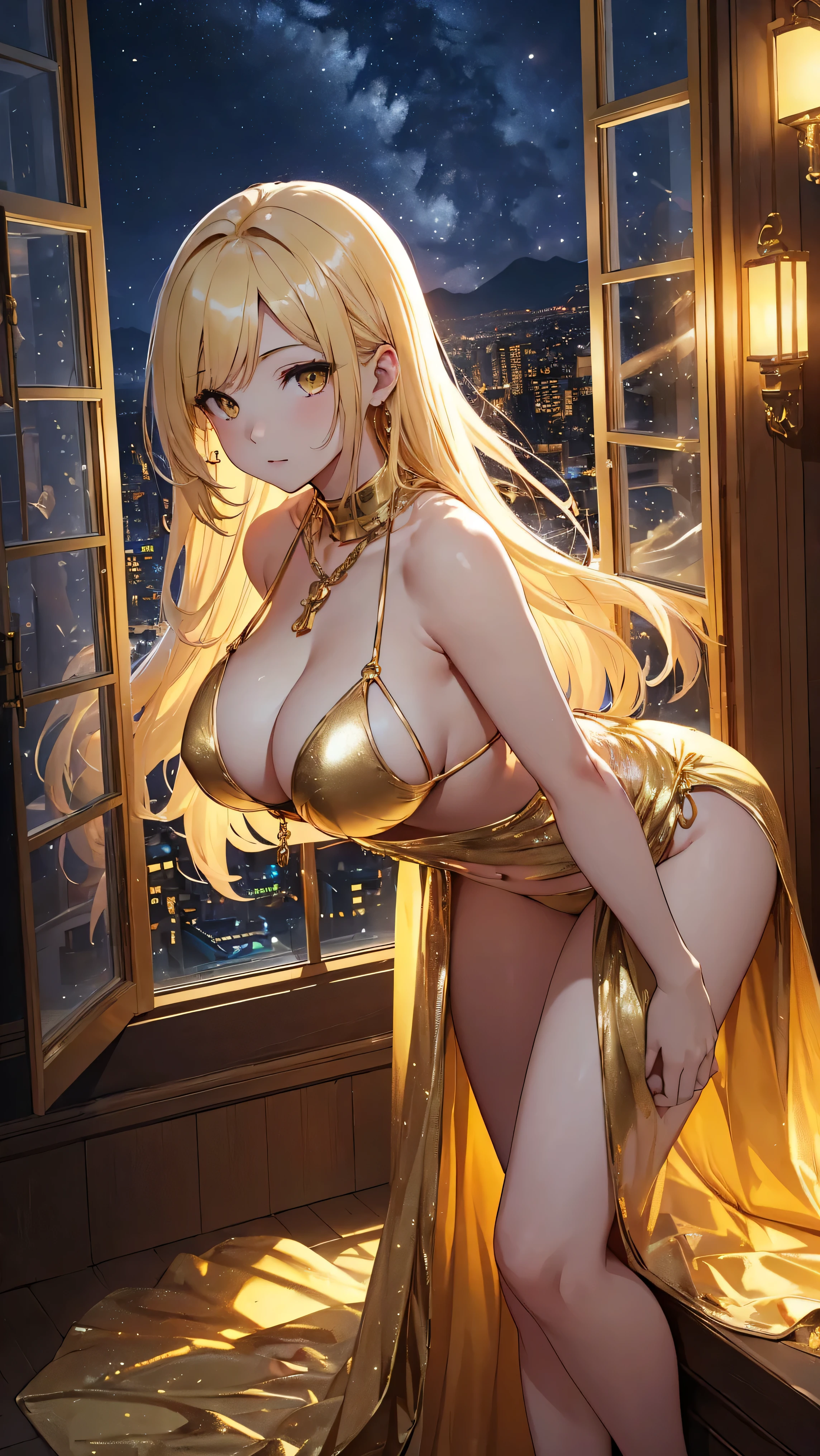 top-quality、Top image quality、​masterpiece、girl with((20yr old、Best Bust、big bast、Bust 85,beautiful golden eyes、Breasts wide open,Blonde long hair、A slender、Large valleys、Gold Bikini、Gold Dress,Leaning forward、Reflecting the whole body)）hiquality、Beautiful Art、Background with((Luxury Hotels、Golden Chain、Window with night view)))masutepiece、visualart、depth of fields、