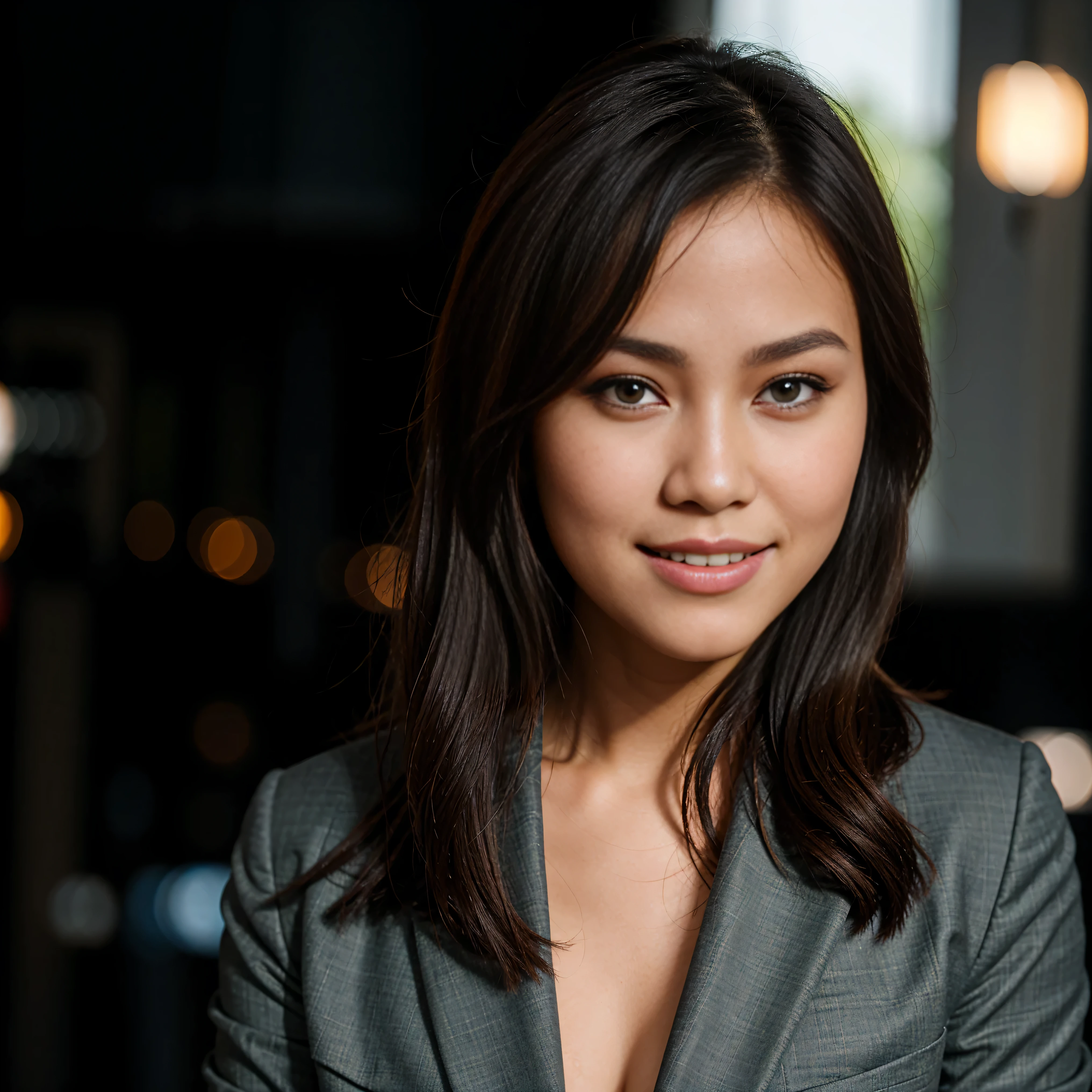 RAW Photo, DSLR BREAK (kkw-ph1:0.9) BREAK portrait of 1 young 20yo woman, brown hair, wearing black and grey suit, perfect eyes, perfect lips, perfect nose, professional color graded, wonderful woman, dark background, cute woman. filipina, pinay, filipino woman, smiling