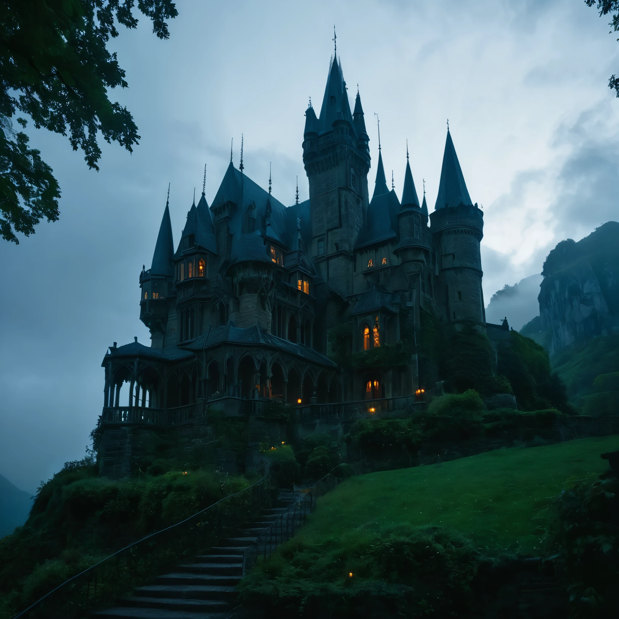 (best quality,4k,8k,highres,masterpiece:1.2),ultra-detailed,(realistic,photorealistic,photo-realistic:1.37),gothic-style castle,airy view,mysterious atmosphere,dark,ominous,quieter surroundings,eerie,brooding clouds,distant mountains,moonlit night,gargoyles,stone architecture,spires,towering walls,narrow winding staircase,secrets,hidden chambers,flickering candlelight,ornate chandeliers,richly decorated,heavy wooden doors,enchanting melodies,echoing footsteps,strange whispers,dense fog,shadows lurking,gloomy corridors,haunting beauty,lush greenery overgrown,overlooking cliffs,gothic windows,stained glass,moonbeam streaming in,ethereal glow,imposing presence,isolated location,looming structure,mystical aura,dark secrets illuminated,atmospheric lighting,exquisite craftsmanship,medieval ambiance