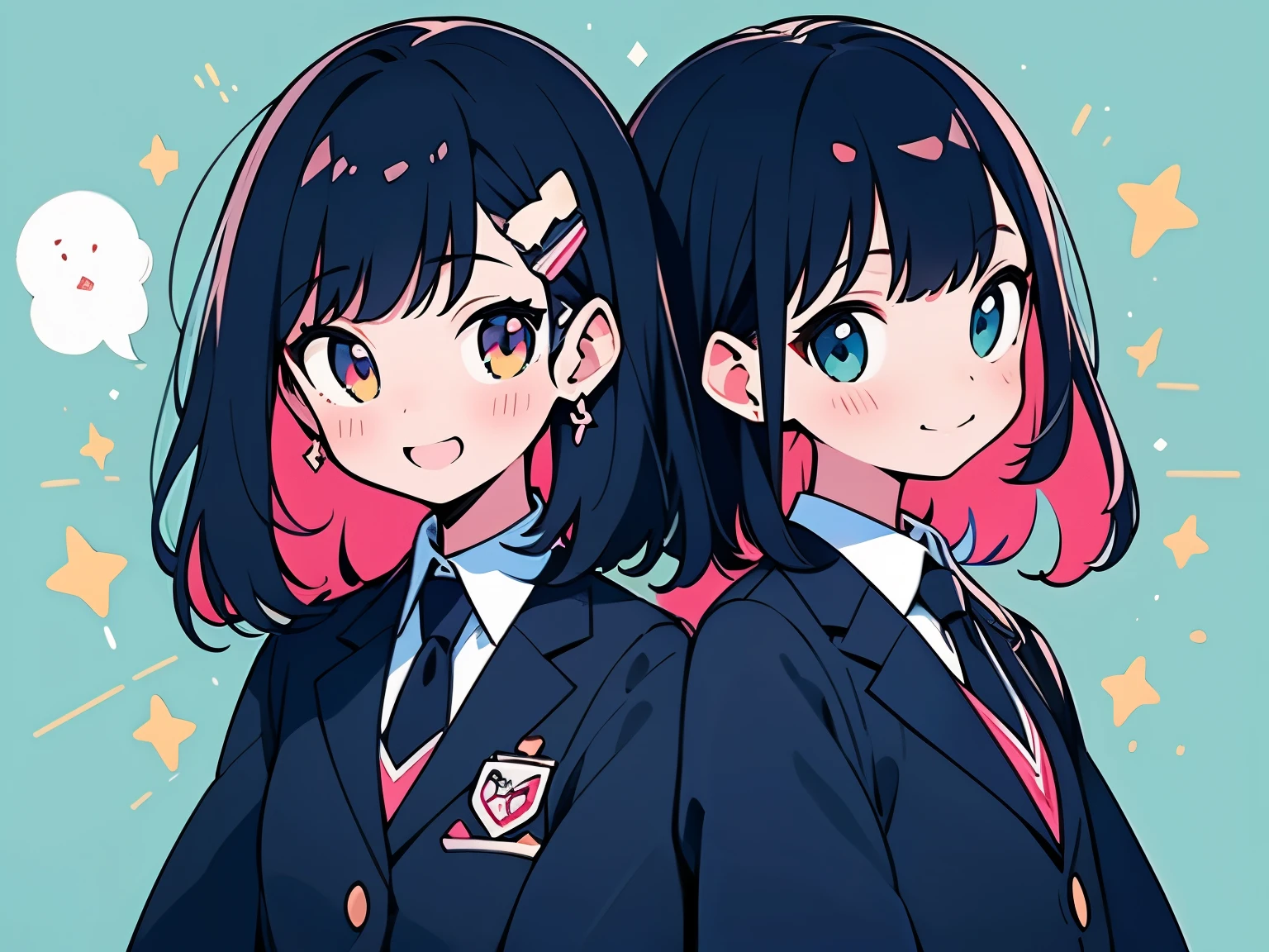 high quality、two girls、back to back、bounce、shining smile、full of hope、、uniform、Ariake Nishi Gakuen、blazer、ribbon、anime style、simple background、gently spreading hair、colorful hair、 positive
