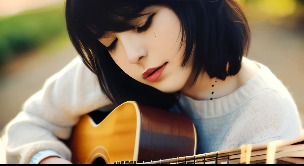 (best quality, highres, realistic:1.37), woman, black hair, short hair, no bangs, long sleeves, acoustic guitar, natural, peaceful, soft lighting, color palette: warm earth tones, bokeh, intimate setting