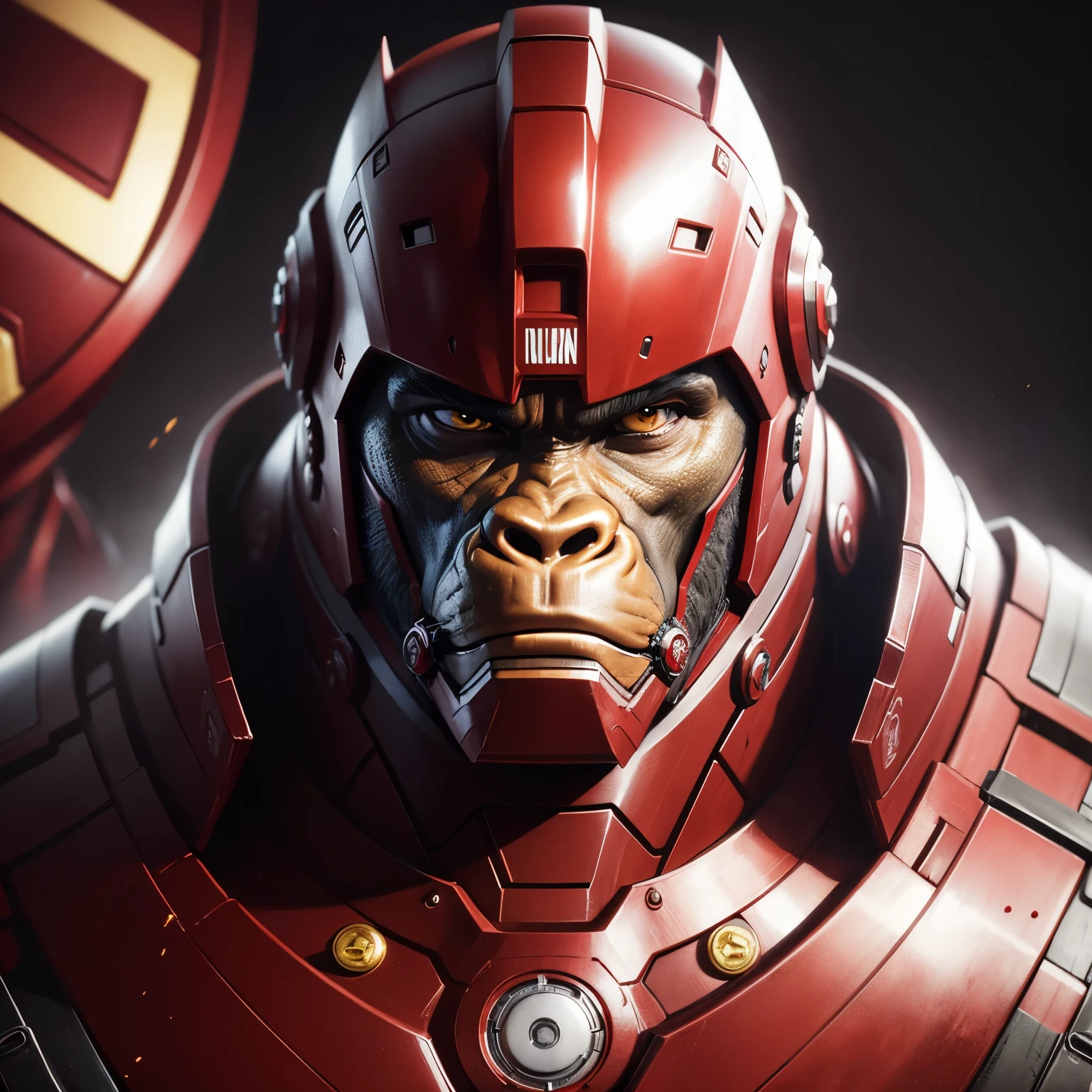 Cinematic shot,insanely detailed,Detailed portrait illustration,gorilla with ironman gold and red intricate suit,Emphasize steel,colored,detailing,8k resolution,high contrast,cinematic lighting, clean-shaven, high level of detail,Koyoharu Gotouge art style.