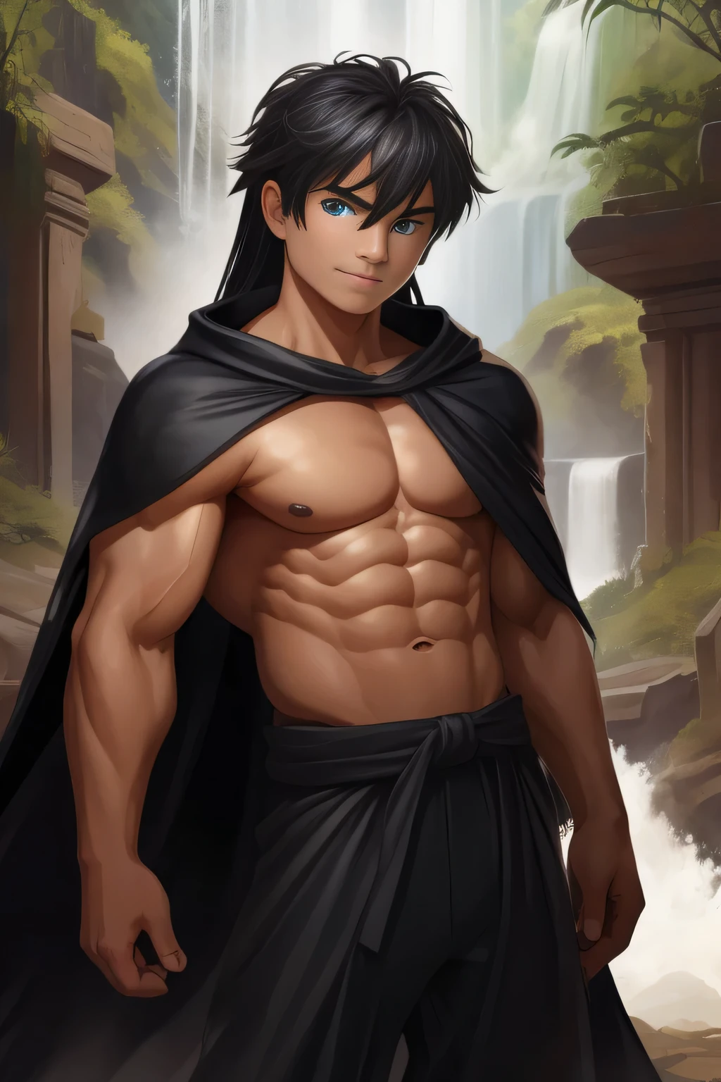 boy, very attractive boy, mexican ethnicity. tan skin, jet black hair, long hair bangs that fall on both sides of his youthful face. young man, solo, Attractive. handsome face. mischievous expression, blue eyes, jet black hair, jacked muscle, beautiful musculature, aesthetic striations, inspirational physique, lean muscle, square pecs, beautiful v-taper, great abs and torso, bright bodysuit, standing front (young face) he wears brown Jedi-style baggy pants dark, black cape, bare chest, open black cape, Ruins of a Jedi temple with river and waterfalls background. Jedi open black tunic.