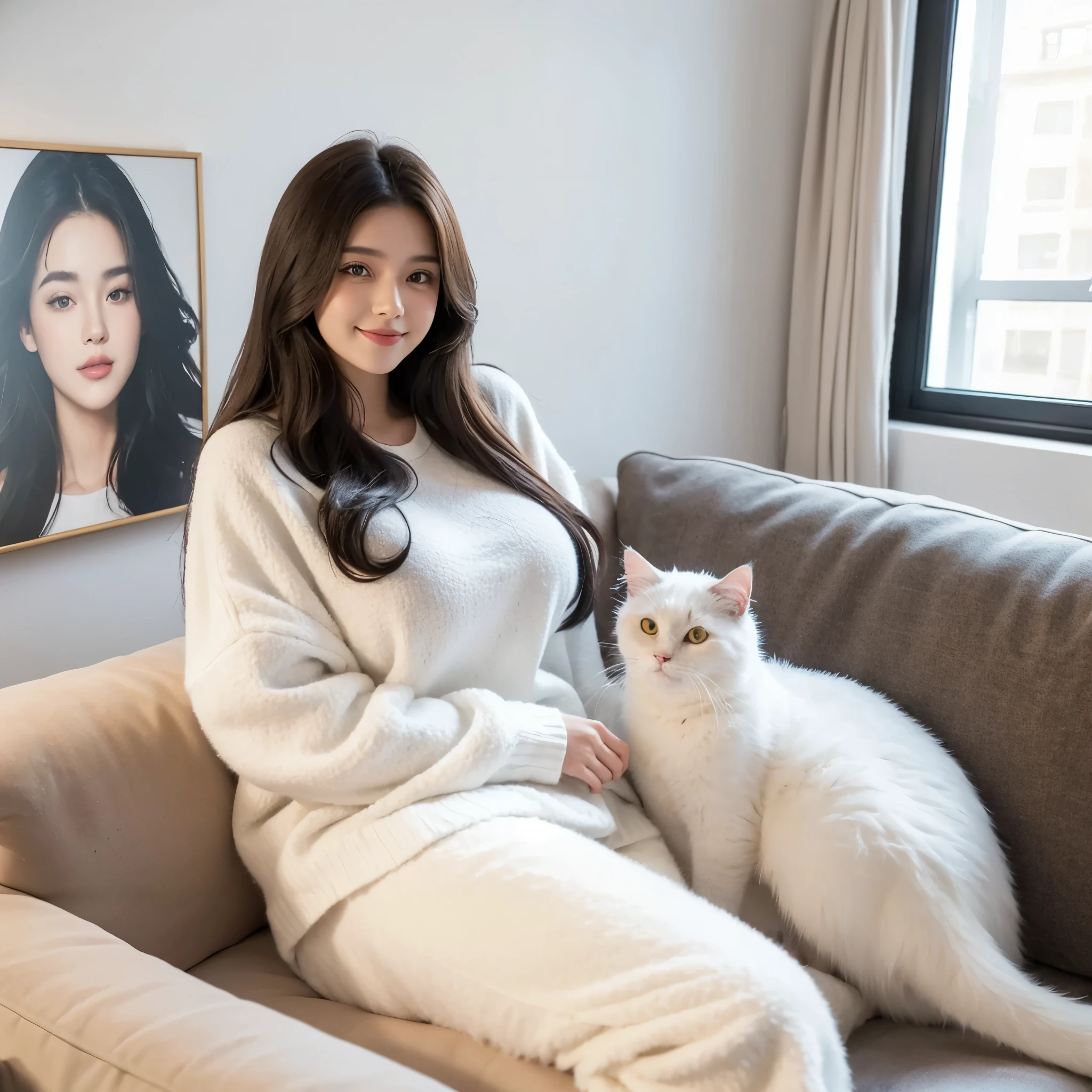 20 year old girl, beautiful girl,big breast,oversized woollen fluffy t-shirts and fluffy pant, set on L-Shape sofa, window side, beautiful wall with a painting, 1 cat,cat,she hold a cat, cat with her,black and white cat , cute smile,photorealistic, apartment room hall,