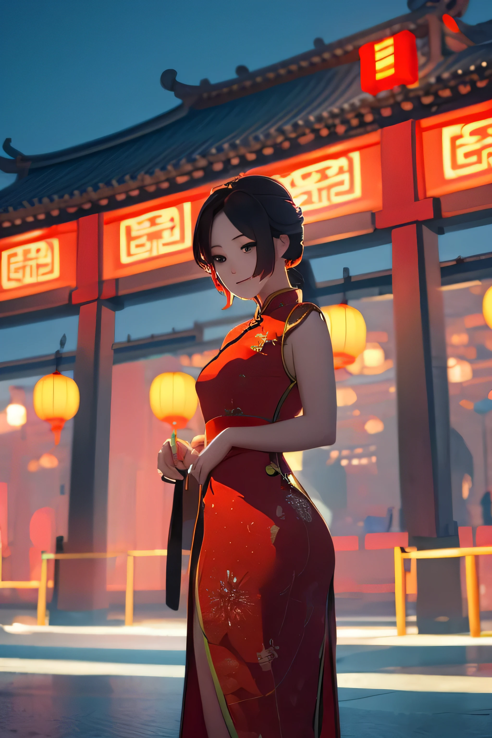 Single drawing,Chinese women,with fair skin,Good facial features,Bright red lips,Gentle gaze,Tall and tall,As graceful as a swan,Normal body proportions,Wearing a silk cheongsam,Chest flat,Bun with hair card,Peony flowers are embroidered on the cheongsam,Wear a jade bracelet and pearl earrings,Outdoor full-body photo,Side light irradiation,Chinese gazebo background,Surrounded by flowers,Large aperture lens。 --auto