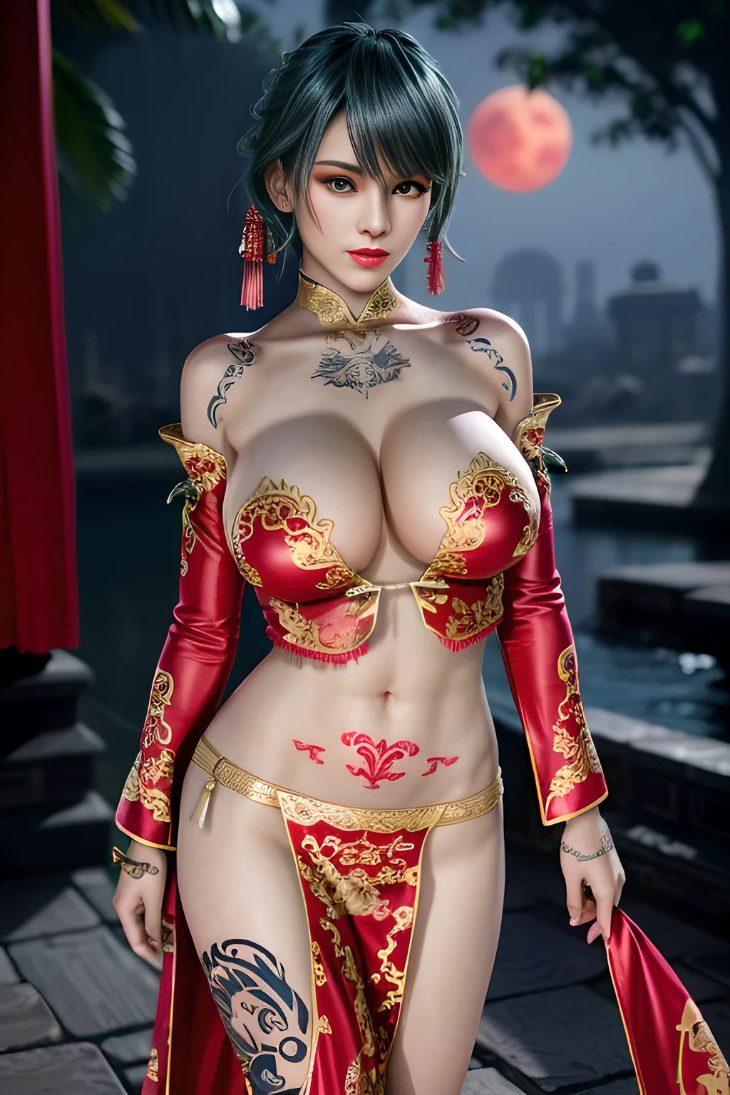 1 girl,standing posture,Dancing sleeves,nighttime,RED moon,(( ancient Hanfu)),gem tassel,( huge breasts),cleavage,shiny skin, red lips,( tattoos:1.3), masterpiece, best quality, realistic ,Rich artistic colors, 8K,Portrait art,solo, tamaki