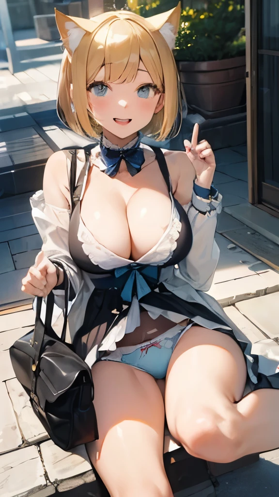 (Cat ear)、Bob Cut Blonde Hair、big breasts、smile、Open your mouth and laugh、blue print panties、See all、vivid 8k,full body shot