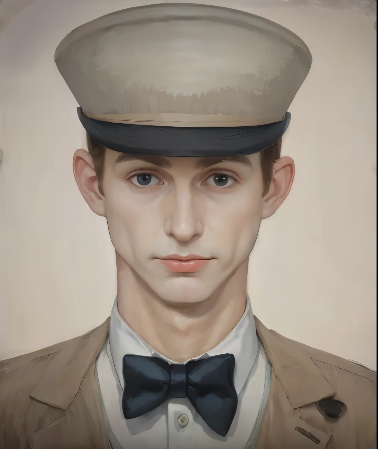 Long nose, Thin chin, Tired eyes, Short hair, Wears a hat Brown hair, White shirt and hat, Black bowtie, Milkman, Milkman from that's not my neighbor, Francis Mosses,
