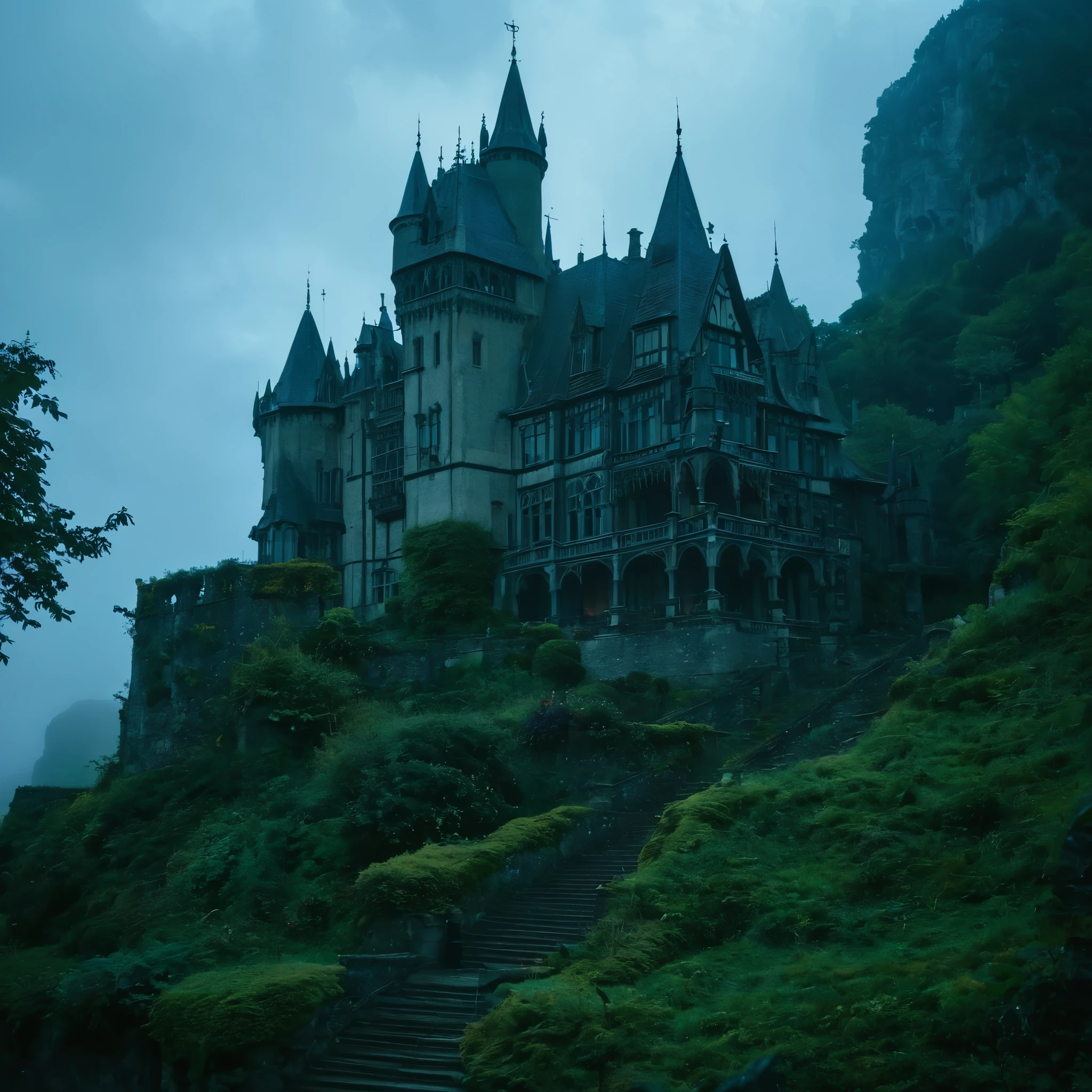 (best quality,4k,8k,highres,masterpiece:1.2),ultra-detailed,(realistic,photorealistic,photo-realistic:1.37),gothic-style castle,airy view,mysterious atmosphere,dark,ominous,quieter surroundings,eerie,brooding clouds,distant mountains,moonlit night,gargoyles,stone architecture,spires,towering walls,narrow winding staircase,secrets,hidden chambers,flickering candlelight,ornate chandeliers,richly decorated,heavy wooden doors,enchanting melodies,echoing footsteps,strange whispers,dense fog,shadows lurking,gloomy corridors,haunting beauty,lush greenery overgrown,overlooking cliffs,gothic windows,stained glass,moonbeam streaming in,ethereal glow,imposing presence,isolated location,looming structure,mystical aura,dark secrets illuminated,atmospheric lighting,exquisite craftsmanship,medieval ambiance