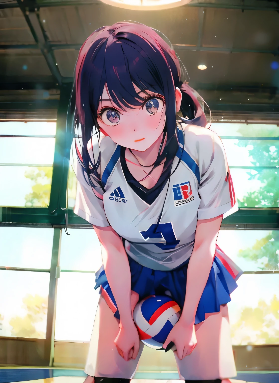 ai hoshino,volleyball player,sportswear,head to waist view, playing volleyball, intense volleyball match, daytime,indoor lighting,anime style,oshi no ko art style, best quality, masterpiece