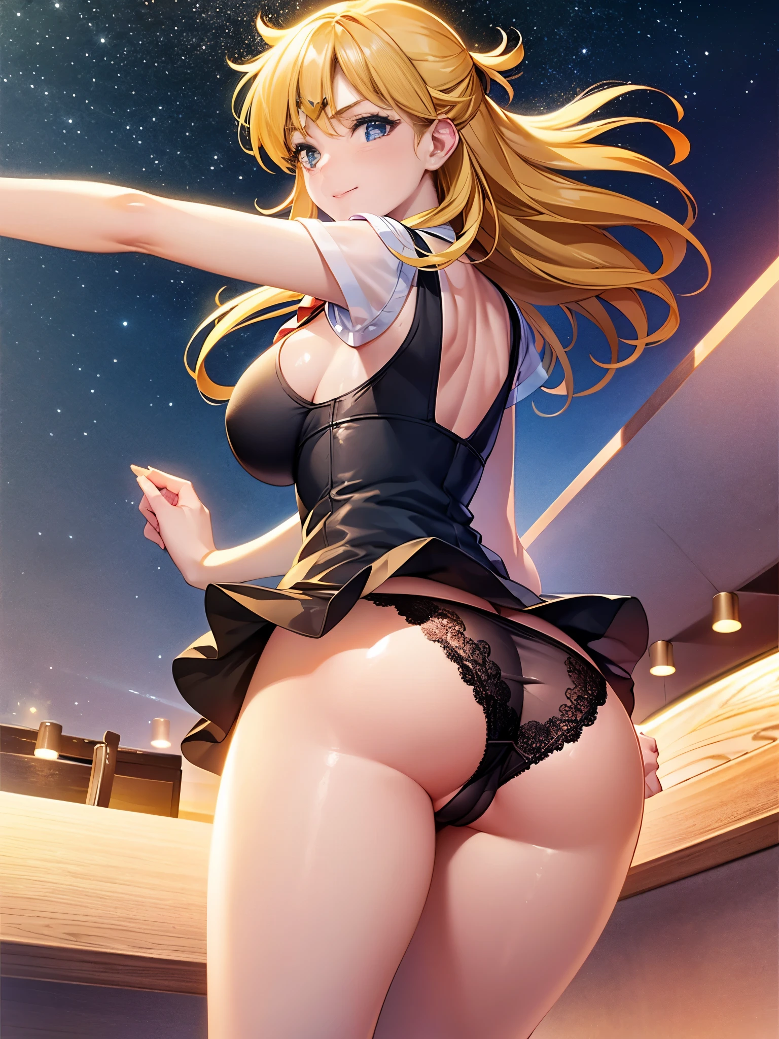 1 girl, light smile, shiny skin, highest quality, table top, (game CG:1.4), NSFW, detailed beautiful face and eyes,big breasts、small area see-through lingerie, sailor venus, I could feel the fight, Severe, cowboy shot、big and full breasts、full moon night、beautiful starry sky、((highest quality)), (Super detailed), very detailed, High resolution raw color photos, professional photography, ((beautiful big breasts)), wonderful face and eyes, (see through panties:1.2)、、big ass、looked back、Close up of cameltoe、from below