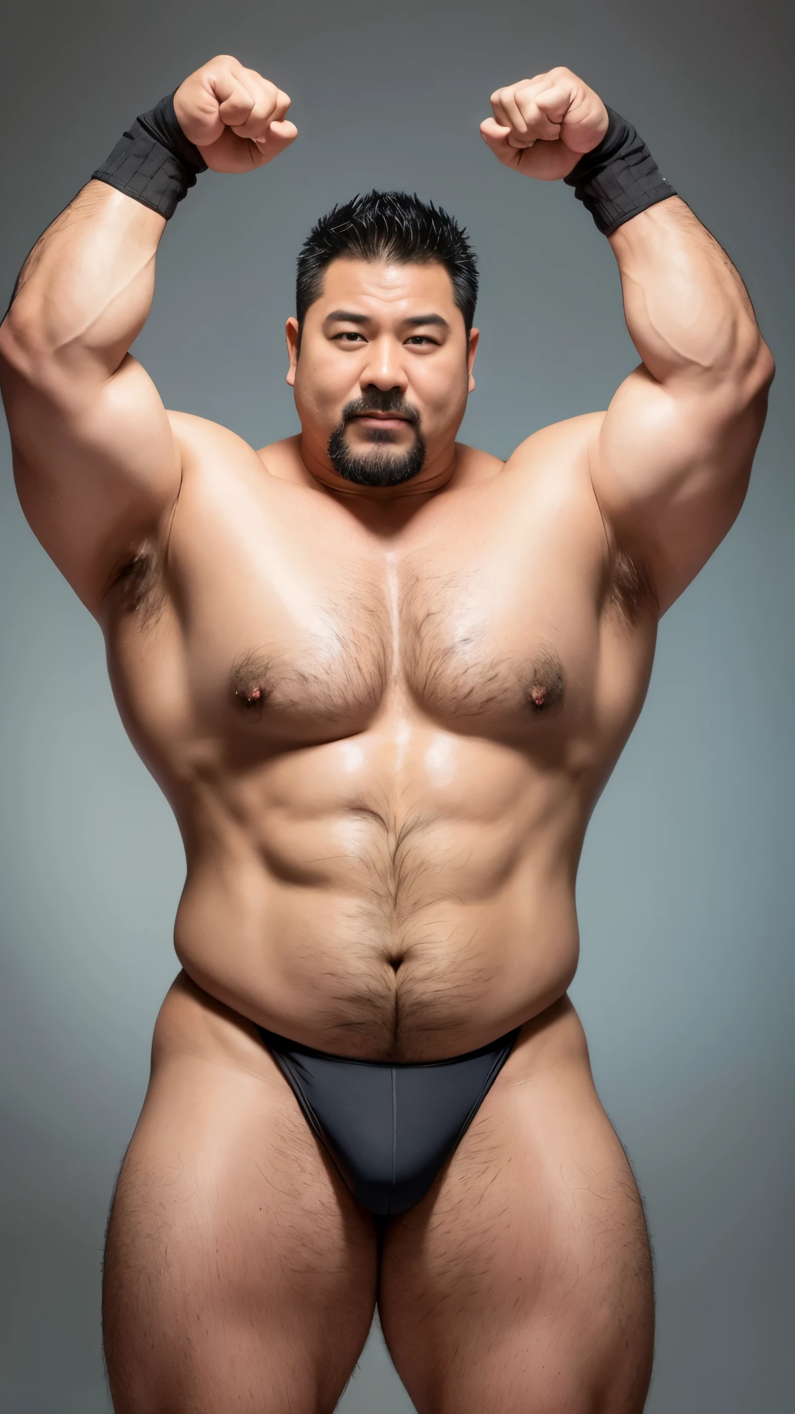 black hair, middle-aged man, individual, male, Muscular wrestler, muscular, Stout wrestler, Asian, Japanese, uncle, 55 year old middle-aged man, short hair, short hair, white wrestling boots, full body portrait, shadow, Vision, white briefs, obesity, 45 years old, short beard, middle-aged man, tattoo, fingerless gloves, Wheat skin, shiny skin, dark skin, Show your pectoral muscles, sumo wrestler, bodybuilder, wide temples, Visible abdominal muscles, Smile, Fine hands, solid color background, pure white background, Surrealism, Panorama, 8k, super detail,