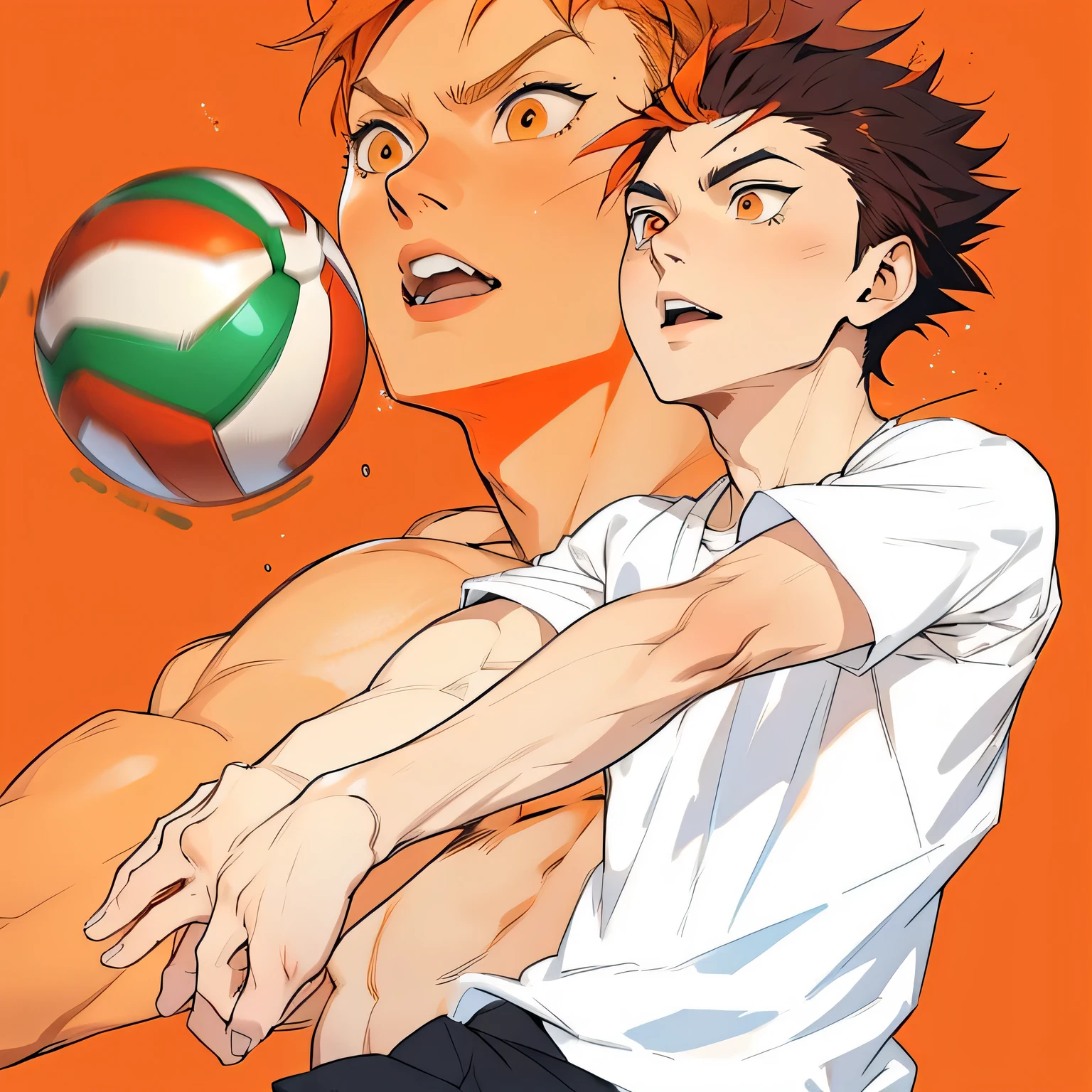 (Haikyuu), (((1 boy))), ((Tight)), male focus, masterpiece, high quality, (masterpiece:1.2), (better quality:1.2), glowing skin, realist, Brilliant, Complex, (((orange hair))), (short hair), orange eyes, sexy_face, alone, FH Orange Shirt, looking at the viewer, Pupils contracted, dynamic pose, (shadow reflected on face:1.3), (whole body)