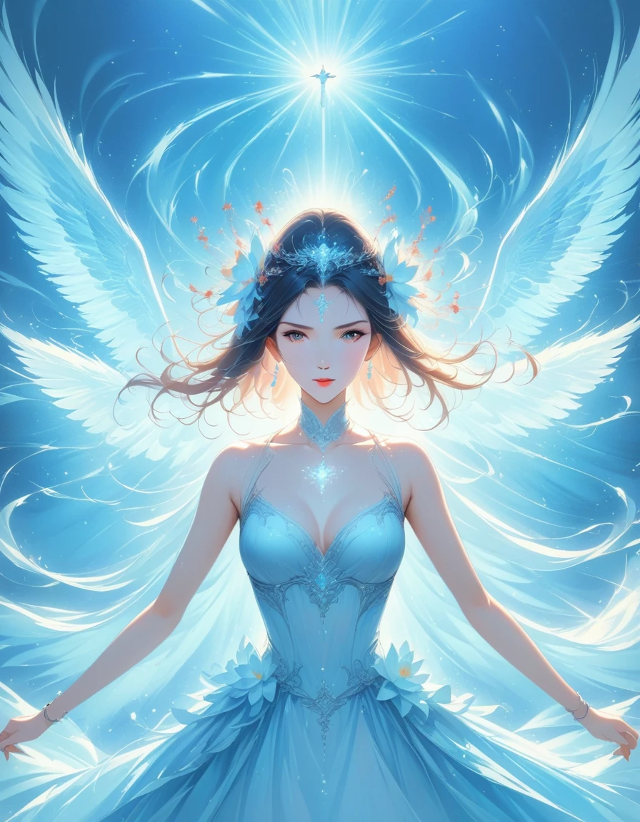 (Film digital artwork: 1.3), high quality, masterpiece, top quality, Super details, illustration, [4k digital art]!!、 kyoto animation style, A woman, clavicle Beauty, clavicle, Light, hope, blue sky, positive, challenge, motivation, Light辉, Dynamic perspective