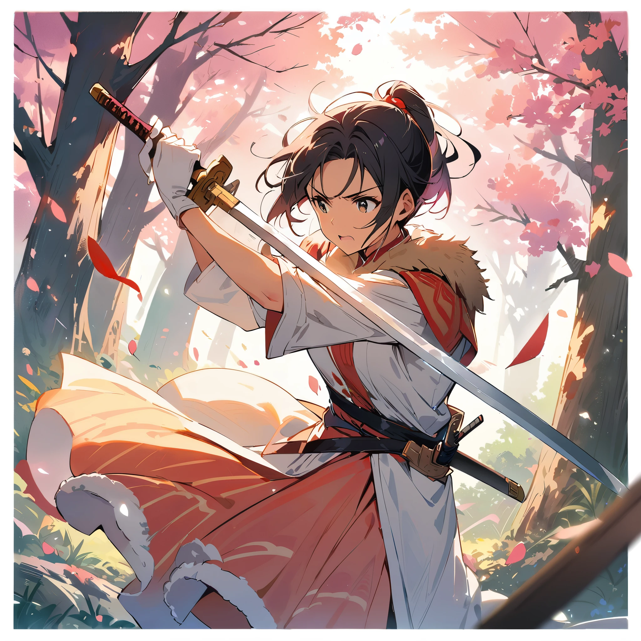 (windy),(blood),(motion blur),(dress in white),Petals fluttering in the wind, shining swords, helpless expression, anger, fighting with death, very detailed expression, very detailed petals,ponytail, 2swordsman fighting,fight,gongfu,stand in trees, 2swordsman stood in a peach tree forest with petals dancing,petals , detailed ,completing the stable diffusion of serenity and contentment,masterpiece, best quality,masterpiece, best quality, swordman,holding a sword(trees:0.5),(eagle:0.5), (bamboo:0.2) fighting stance, 1man, glowing, solo, weapon, sword, tree, holding, gloves, outdoors, sheath, border, holding weapon, black hair, holding sword, fur trim, looking away,look at view