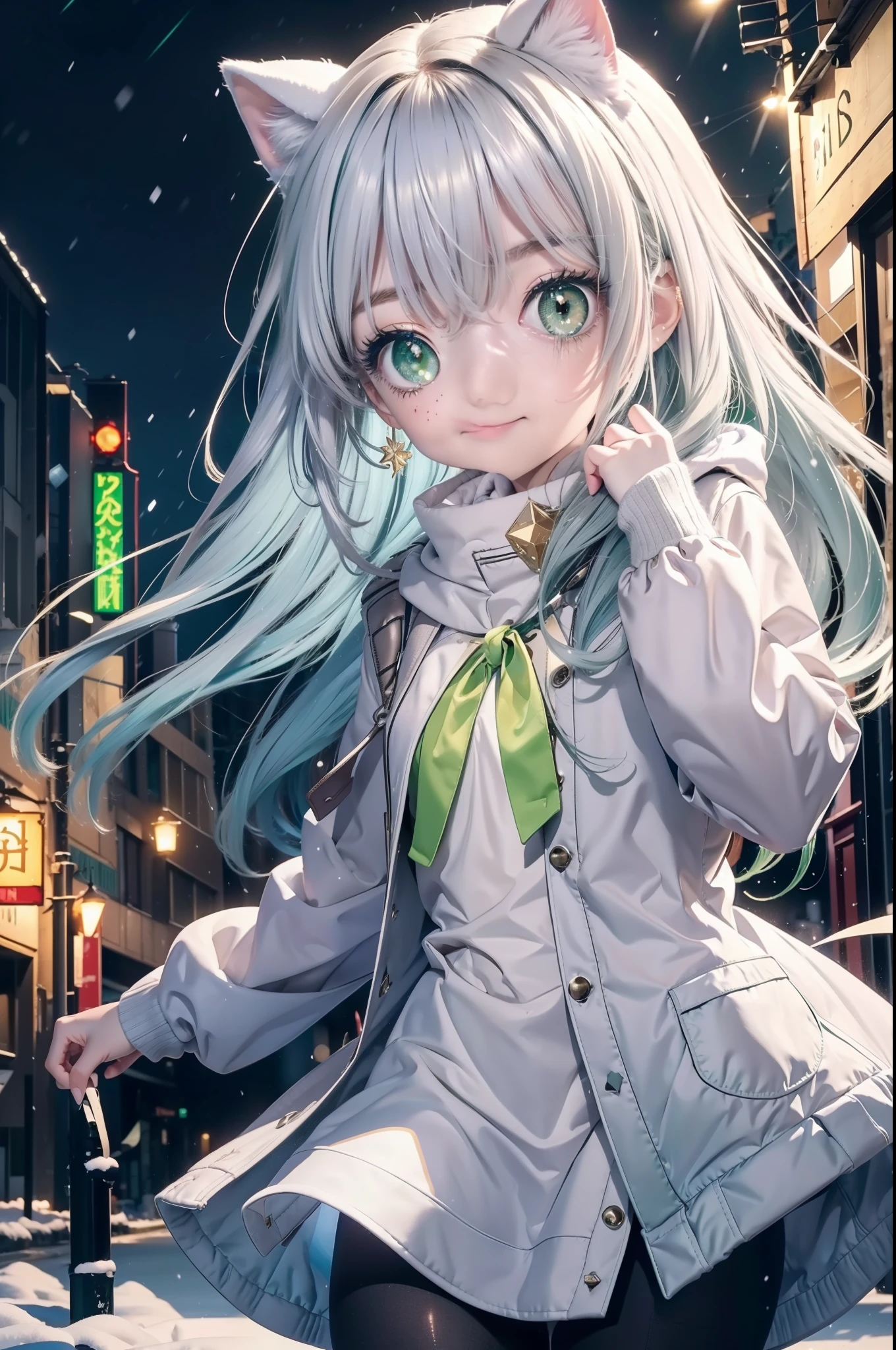 index, index, (green eyes:1.5), silver hair, long hair, (flat chest:1.2),Cat ear,cat tail,blush,smile,open your mouth,gray handbag,yellow long coat, white hoodie, black long skirt,black pantyhose,Mini Boots,winter,night,cold sky,snow is scattered,It&#39;s snowing,background　big christmas tree,
break looking at viewer, Upper body, whole body,
break outdoors, In town,building street,
break (masterpiece:1.2), highest quality, High resolution, unity 8k wallpaper, (figure:0.8), (detailed and beautiful eyes:1.6), highly detailed face, perfect lighting, Very detailed CG, (perfect hands, perfect anatomy),