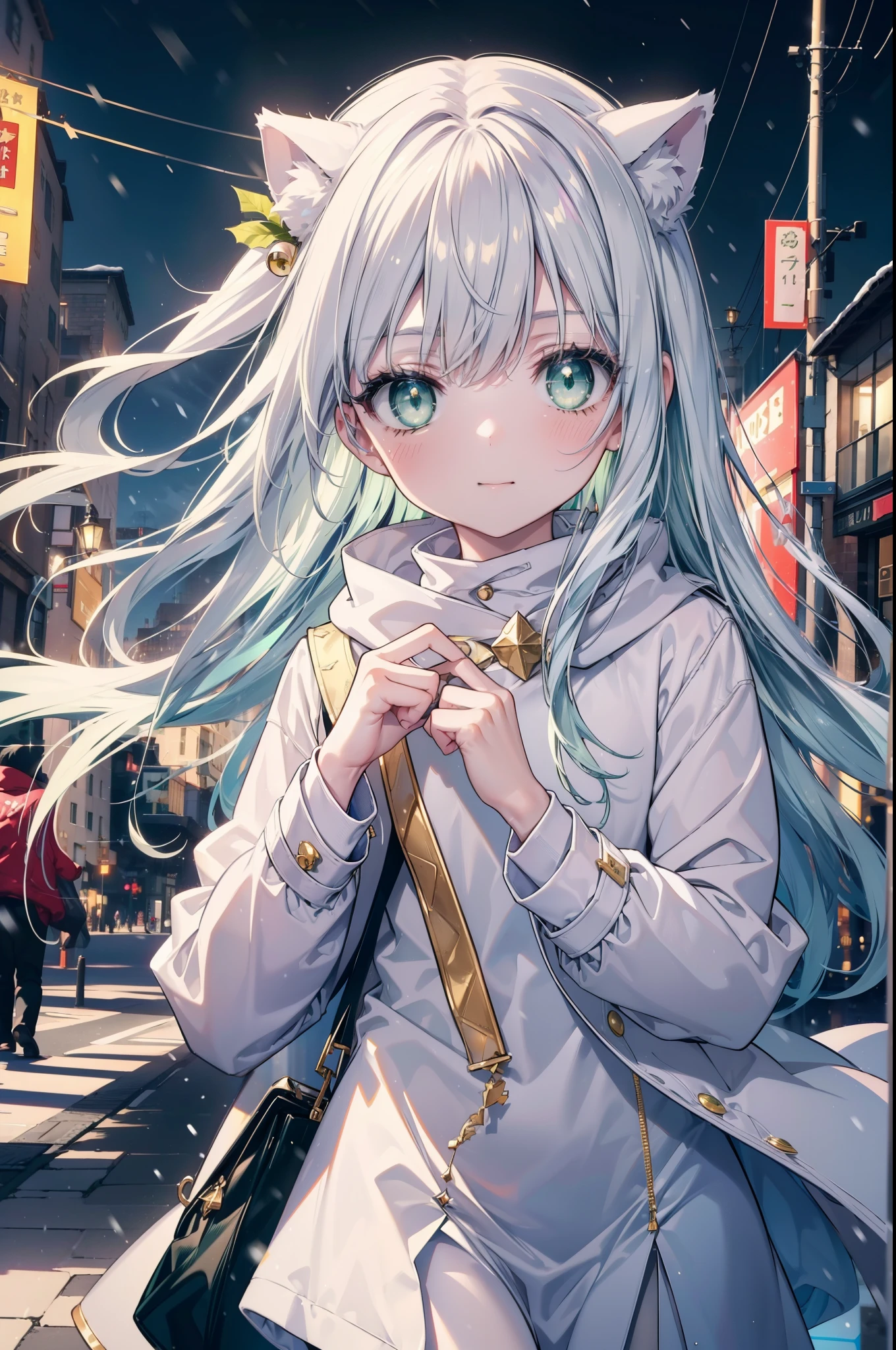 index, index, (green eyes:1.5), silver hair, long hair, (flat chest:1.2),Cat ear,cat tail,blush,smile,open your mouth,gray handbag,yellow long coat, white hoodie, black long skirt,black pantyhose,Mini Boots,winter,night,cold sky,snow is scattered,It&#39;s snowing,background　big christmas tree,
break looking at viewer, Upper body, whole body,
break outdoors, In town,building street,
break (masterpiece:1.2), highest quality, High resolution, unity 8k wallpaper, (figure:0.8), (detailed and beautiful eyes:1.6), highly detailed face, perfect lighting, Very detailed CG, (perfect hands, perfect anatomy),