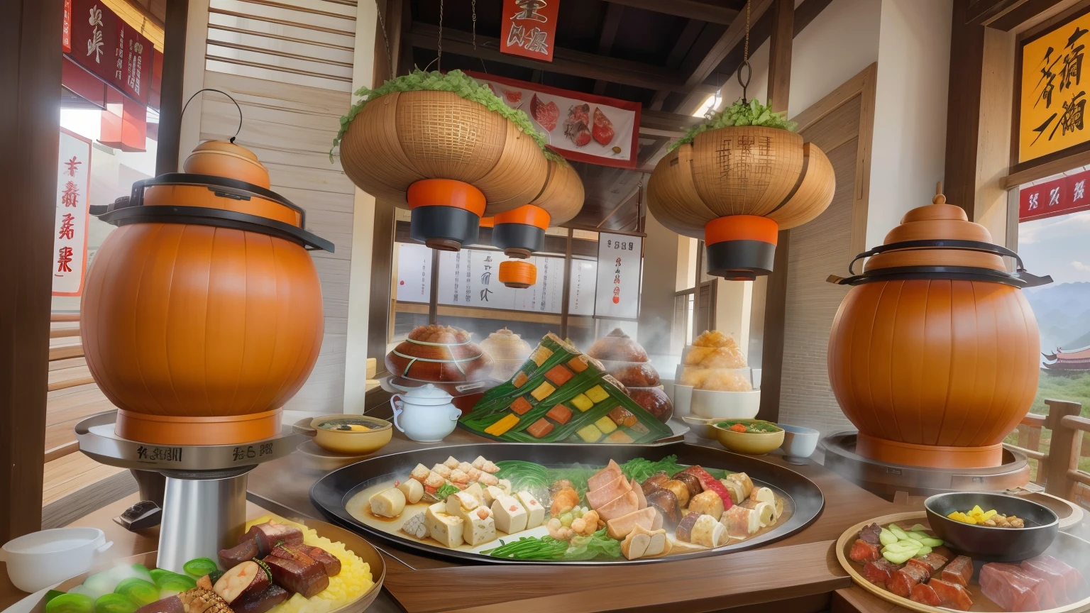 At the entrance of Hakka Tulou,A table of Hakka dishes from Northern Guangdong,There is pork belly,Stuffed tofu,fish,Duck meat,chicken