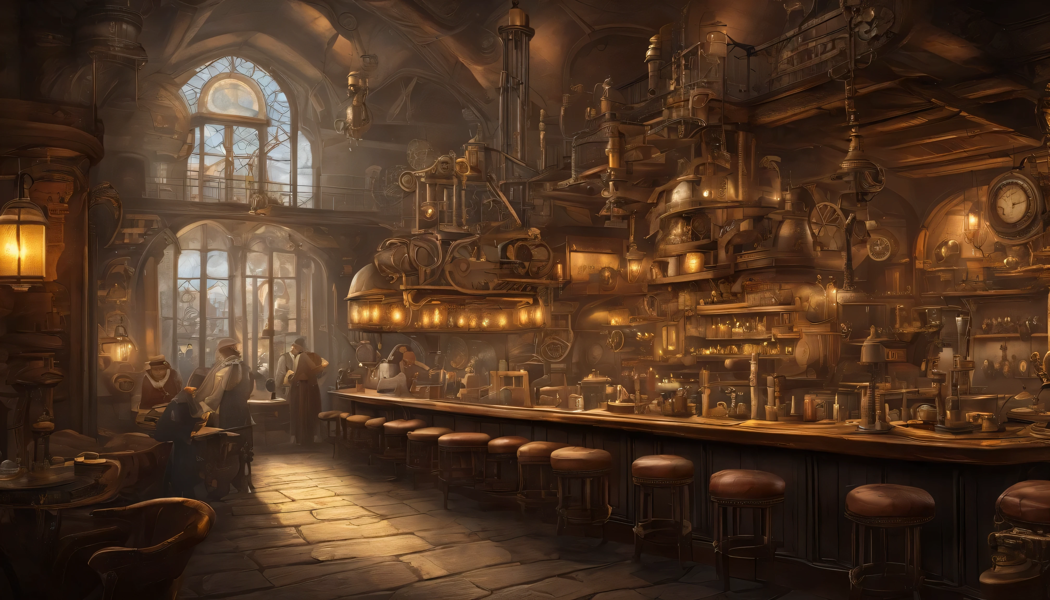 high fantasy, Crowded inn with restaurant, medieval background、Inside the store