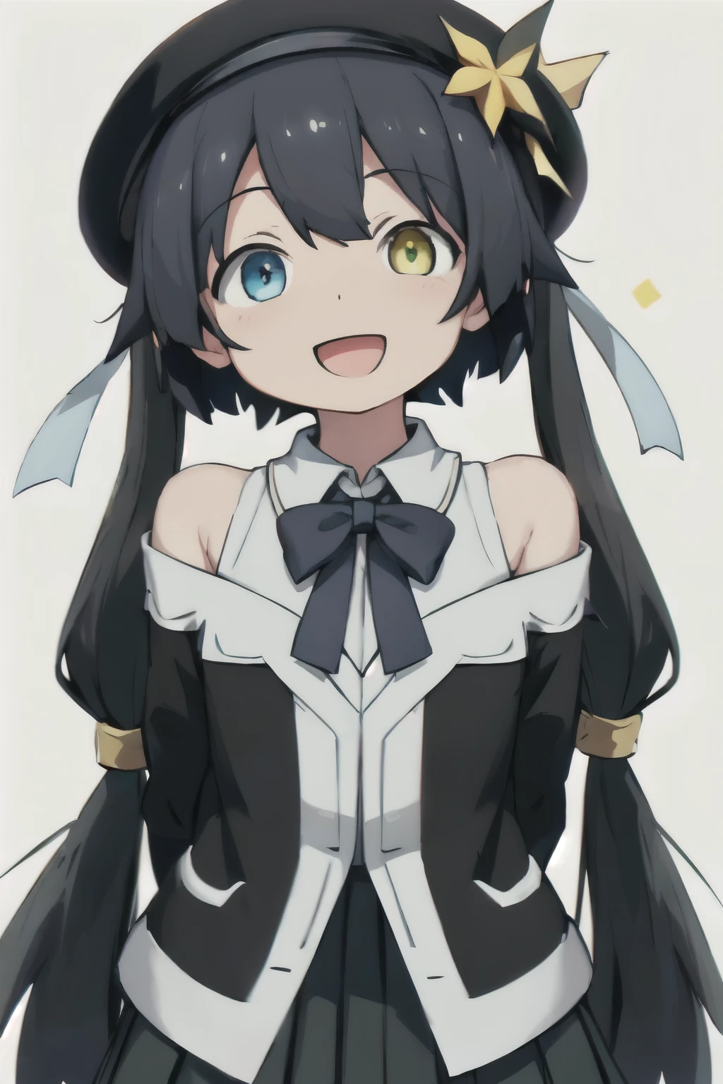 white background、Solid white background、blank background、arms behind back、adult woman、hide your hands、Upper body photographed from the front,(high quality, Breathtaking),(delicate eyes, perfect face)solo,Era: late 20s, Heterochromia - (yellow left eye、The left eye is yellow、light blue right eye、The right eye is light blue)、open your mouth without showing your teeth、Smile with mouth wide open、open your mouth wide、fish shaped hairpin、medium shoulder length hair, black hair, black long sleeve blazer clothes,black pleated skirt、beret