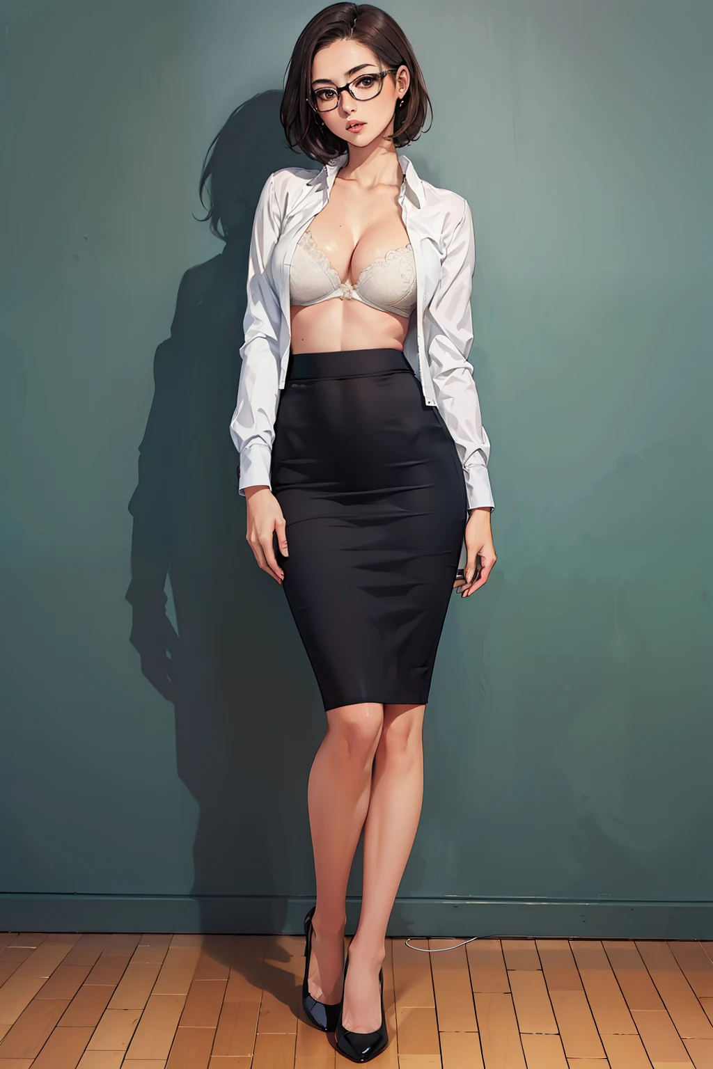 ((Realistic Light, Best Quality, 8K, Masterpiece: 1.3)), 1girl, female teacher, Slim Beauty: 1.4, (Brown hair,  short hair length to shoulder, glasses, large breasts: 1.3), wearing long sleeve white shirt(( appropriate shirt)), black pencil skirt((length skirt to the knee)), standing alone inside the empty classroom, front view, medium shot, with little shock expression, open shirt show white bra, half naked, 