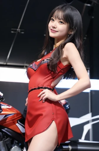 best quality, detailed, beautiful, insanely detailed, absurdres,perfect anatomy,
Japanese woman,black hair,27 years old,
(slender),
(small breasts),from front
full body shot, motorcycle, smiling, jumping, wavy hair, (Light_Red body conscious dress,tight skirt:1.3), (A scene in which a woman stands next to a racing motorcycle:1.3), impressive panoramas,(angle from below:1.3)