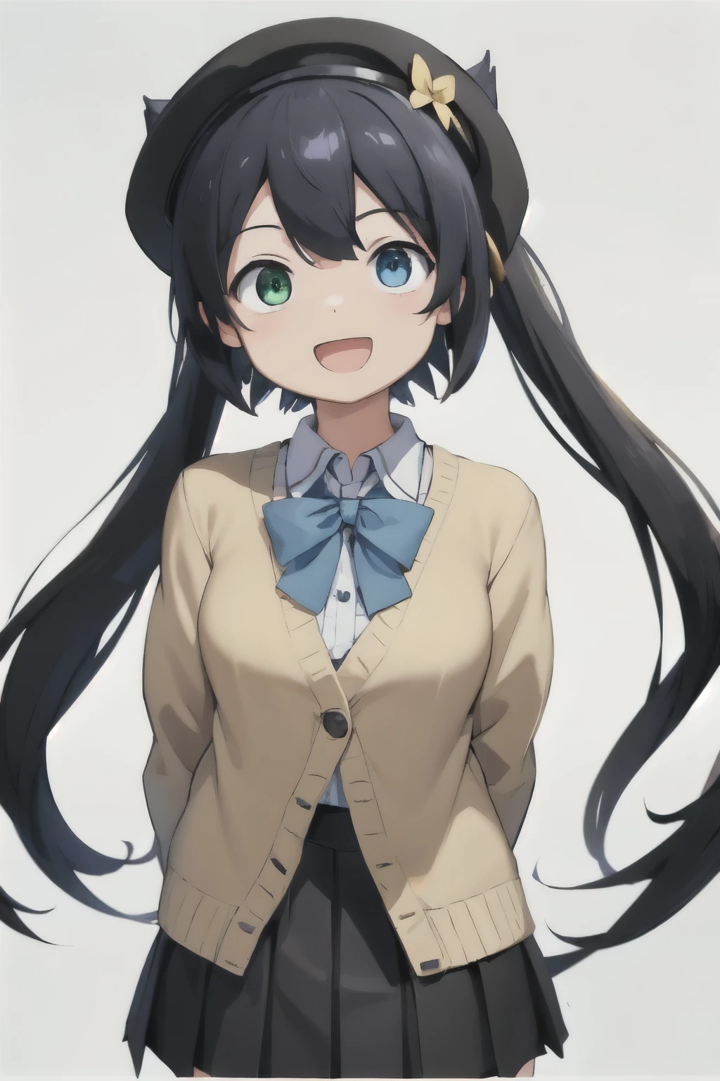 white background、Solid white background、blank background、arms behind back、adult woman、hide your hands、Upper body photographed from the front,(high quality, Breathtaking),(delicate eyes, perfect face)solo,Era: late 20s, Heterochromia - (yellow left eye、The left eye is yellow、light blue right eye、The right eye is light blue)、open your mouth without showing your teeth、Smile with mouth wide open、open your mouth wide、fish shaped hairpin、medium shoulder length hair, black hair, black long sleeve blazer clothes,black pleated skirt、beret