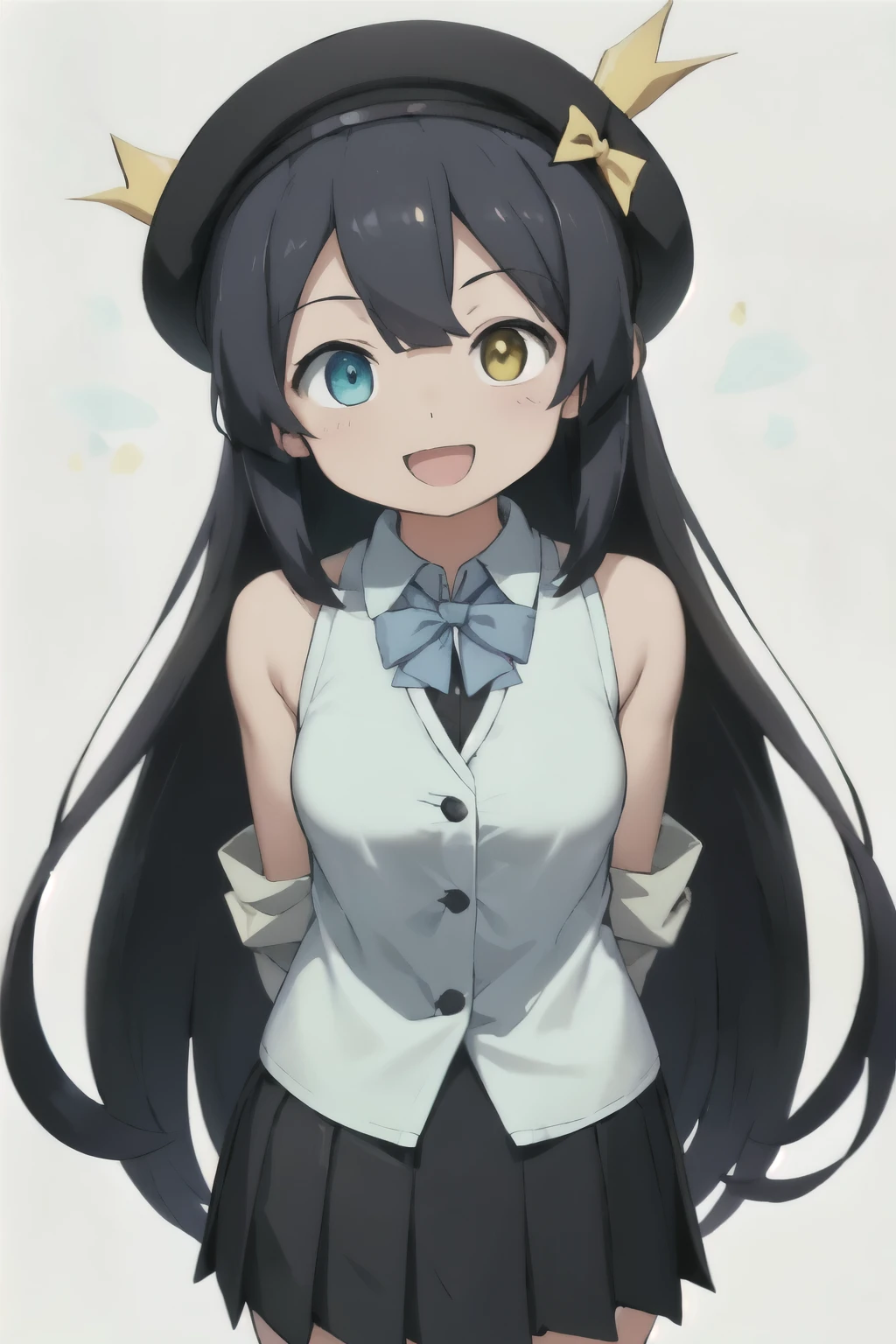 white background、Solid white background、blank background、arms behind back、adult woman、hide your hands、Upper body photographed from the front,(high quality, Breathtaking),(delicate eyes, perfect face)solo,Era: late 20s, Heterochromia - (yellow left eye、The left eye is yellow、light blue right eye、The right eye is light blue)、open your mouth without showing your teeth、Smile with mouth wide open、open your mouth wide、fish shaped hairpin、medium shoulder length hair, black hair, black long sleeve blazer clothes,black pleated skirt、beret