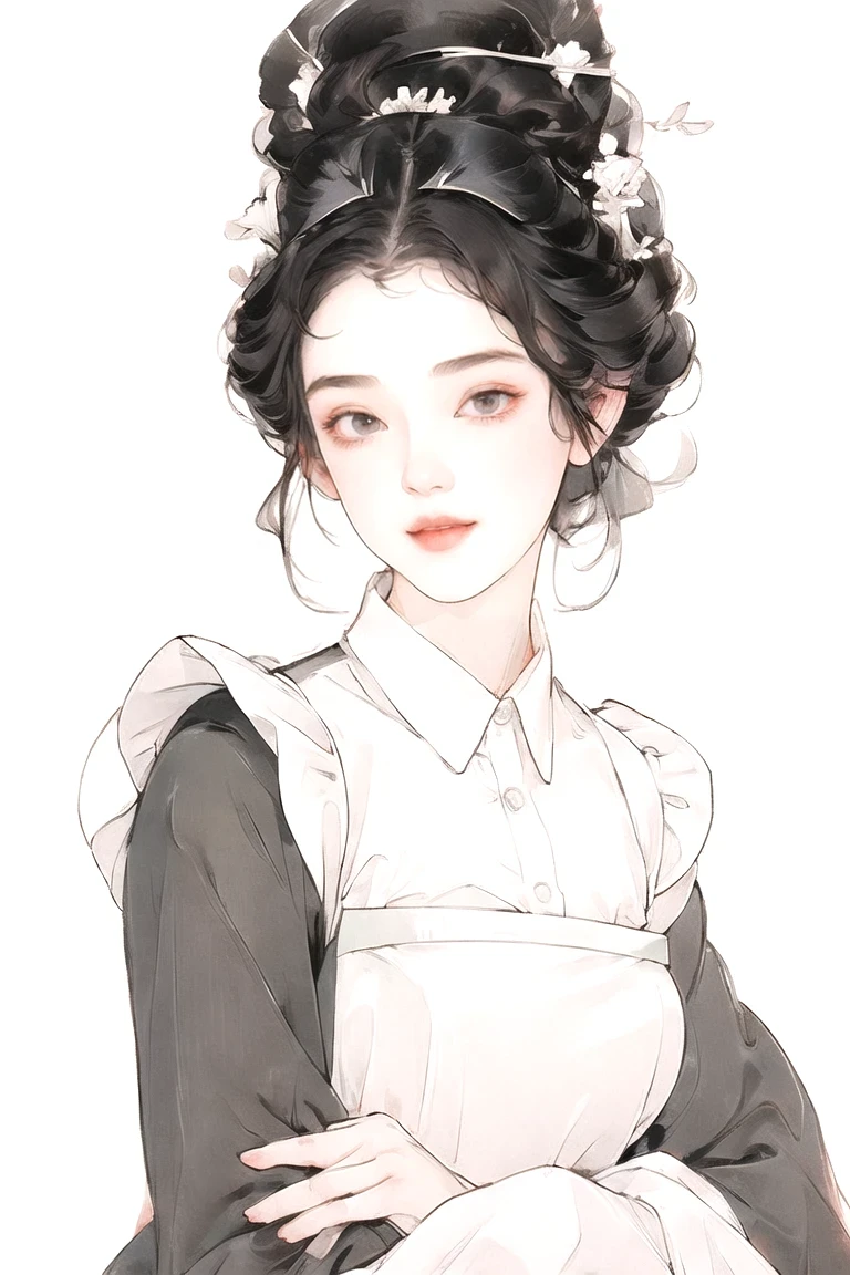 ((beautiful maid:1.5),High resolution, top quality),Wearing maid outfit,soft hands, big bright eyes, Dark and vibrant curls, sweet smile, red face, soft light, pure white background.  
