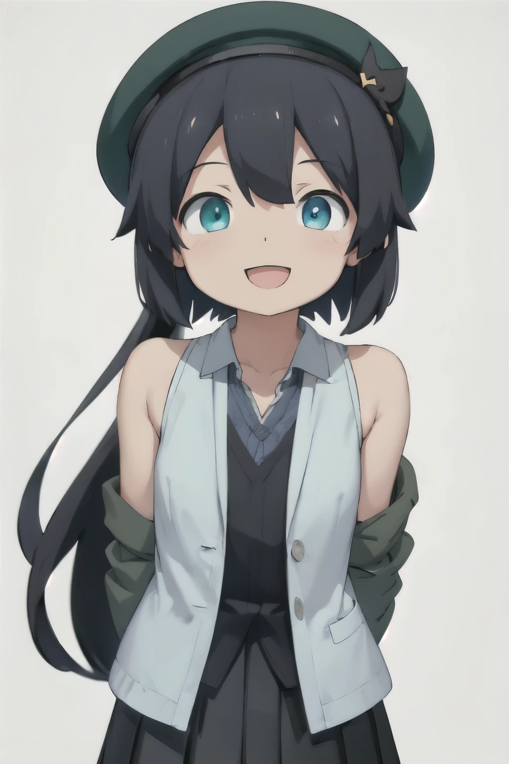 white background、Solid white background、blank background、arms behind back、adult woman、hide your hands、Upper body photographed from the front,(high quality, Breathtaking),(delicate eyes, perfect face)solo,Era: late 20s, Heterochromia - （yellow left eye、The left eye is yellow、light blue right eye、The right eye is light blue）、open your mouth without showing your teeth、Smile with mouth wide open、open your mouth wide、fish shaped hairpin、medium shoulder length hair, black hair, black long sleeve blazer clothes,black pleated skirt、beret