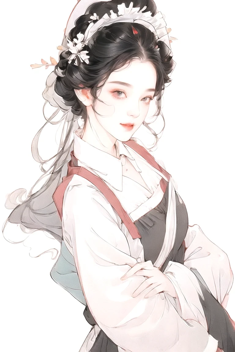 ((beautiful maid:1.5),High resolution, top quality),Wearing maid outfit,soft hands, big bright eyes, Dark and vibrant curls, sweet smile, red face, soft light, pure white background.