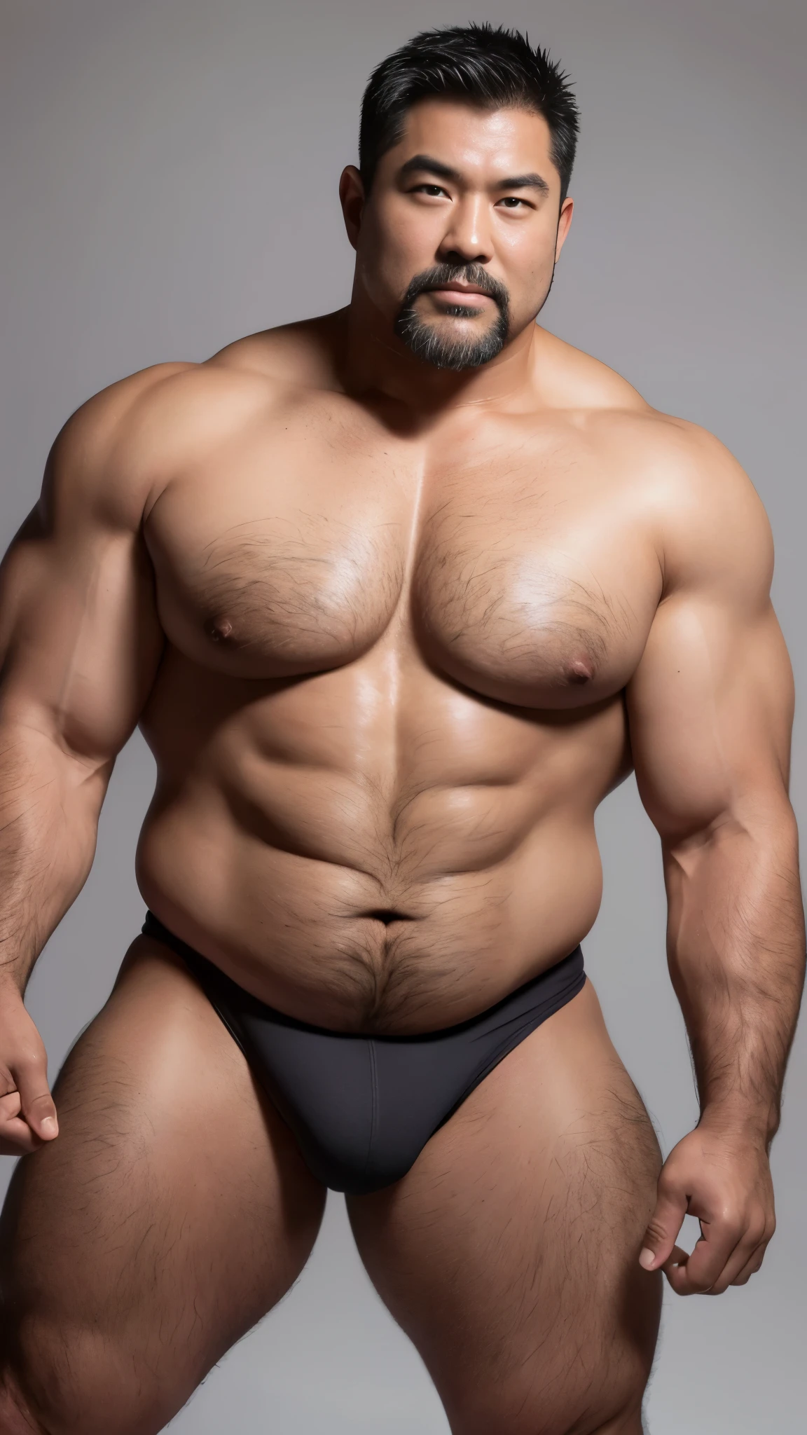 black hair, middle-aged man, individual, male, Muscular wrestler, muscular, Stout wrestler, Asian, Japanese, uncle, 55 year old middle-aged man, short hair, short hair, white wrestling boots, full body portrait, shadow, Vision, white briefs, obesity, 45 years old, short beard, middle-aged man, tattoo, fingerless gloves, Wheat skin, shiny skin, dark skin, Show your pectoral muscles, sumo wrestler, bodybuilder, wide temples, Visible abdominal muscles, Smile, Fine hands, solid color background, pure white background, Surrealism, Panorama, 8k, super detail,