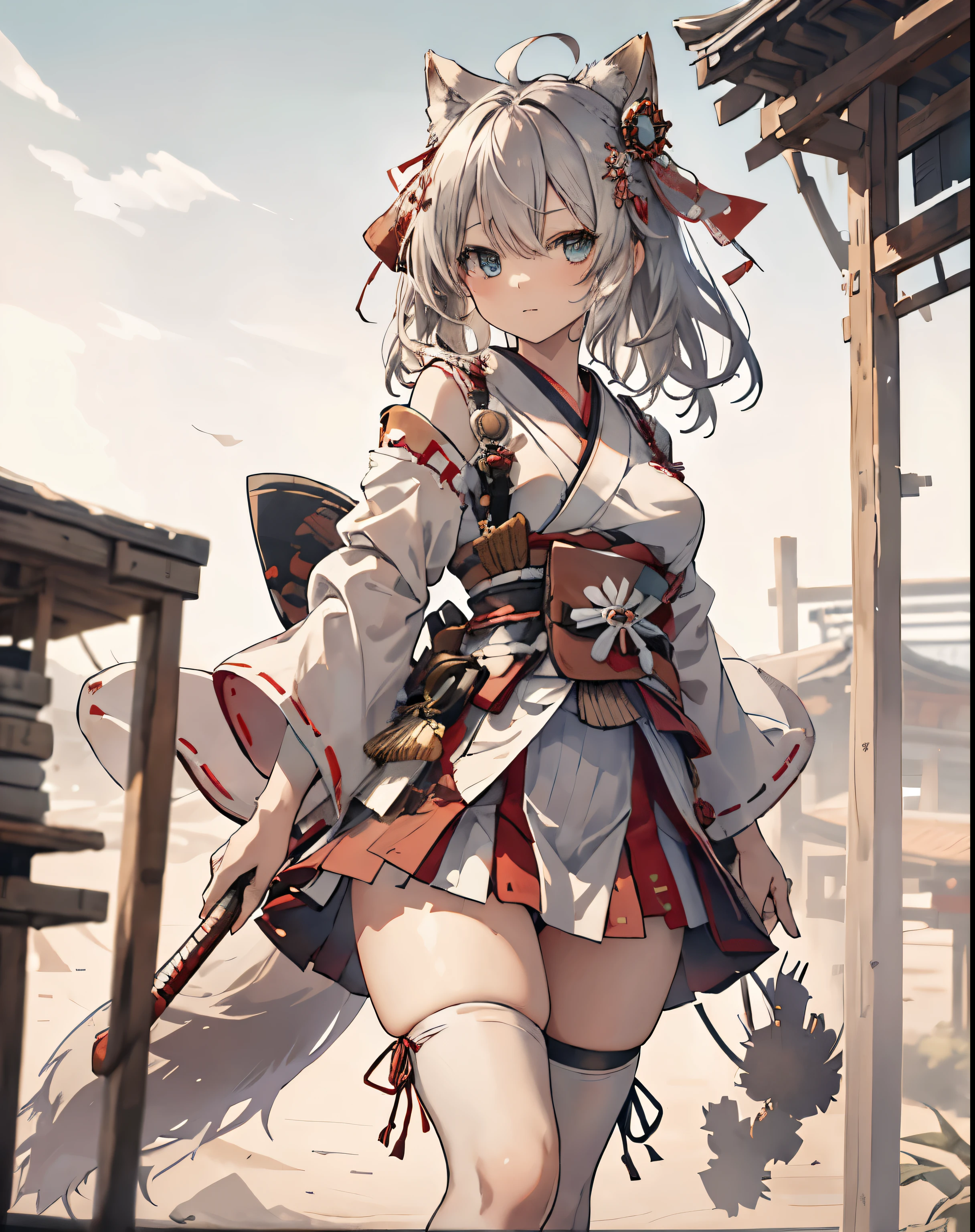 masterpiece,1girl, sparrow, a silver haired girl, wearing a white japanese samurai kimono, curly medium hair, messy hair, red skirt, slim body, small breasts, she close her left eye, shirt ornament, ppai, lovely expression, beautiful breasts, rounded breasts, aqua eyes, dress, miniskirt, vie from under, ahoge, hair ribbon, samurai, miko, white stocking, fox ears, fox tail, panties