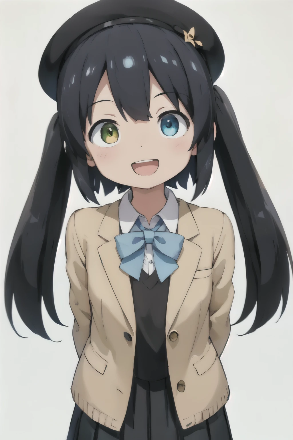 white background、Solid white background、blank background、arms behind back、adult woman、hide your hands、Upper body photographed from the front,(high quality, Breathtaking),(delicate eyes, perfect face)solo,Era: late 20s, Heterochromia - (yellow left eye、The left eye is yellow、light blue right eye、The right eye is light blue)、open your mouth without showing your teeth、Smile with mouth wide open、open your mouth wide、fish shaped hairpin、medium shoulder length hair, black hair, black long sleeve blazer clothes,black pleated skirt、beret
