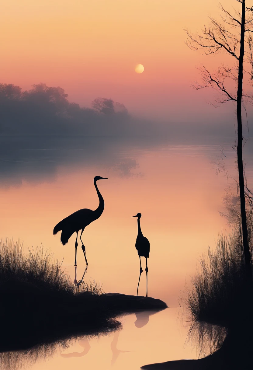 Deep twilight evening pond twilight scene sky gradually darkening,The light in the pond is getting fainter,Create a mysterious atmosphere。
Silhouettes of two cranes in the evening(anatomically correct) standing on the water(Put it in the foreground),Create a harmonious scene. Beautiful view of the pond in the evening.,Let people feel the calmness of nature and the mysterious atmosphere of beautiful light and shadow art, Highly detailed digital art in pastel colors,fantasy art behavior,Surreal high-definition pictures