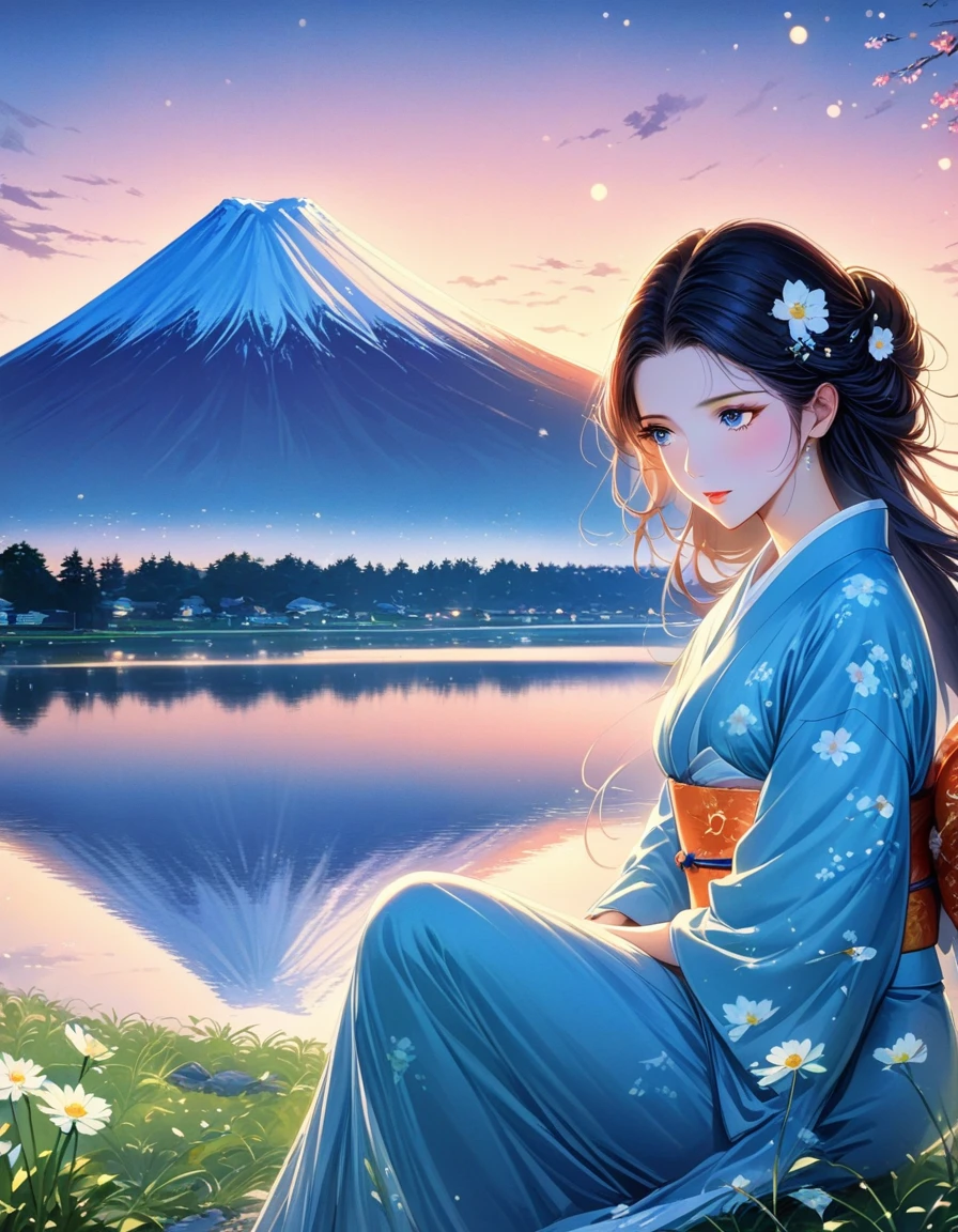 best quality, masterpiece, extremely detailed, detailed background, detailed eyes, Japanese cartoons, 1 girl, beautiful eyes, young girl, long hair girl, expressive face, kimono, vintage, Mount Fuji scenery, outdoor, Sunset, beauty的天空, lake picnic, landscape, landscape, horizon, Sitting near mountains, valve, spring, look away, mood lighting, reflection, naturalistic, detail, realism. relaxation, beauty, focus only, close up, from the side, depth of field, Bokeh