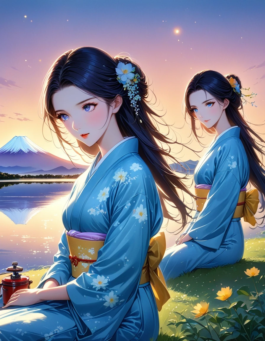 best quality, masterpiece, extremely detailed, detailed background, detailed eyes, Japanese cartoons, 1 girl, beautiful eyes, young girl, long hair girl, expressive face, kimono, vintage, Mount Fuji scenery, outdoor, Sunset, beauty的天空, lake picnic, landscape, landscape, horizon, Sitting near mountains, valve, spring, look away, mood lighting, reflection, naturalistic, detail, realism. relaxation, beauty, focus only, close up, from the side, depth of field, Bokeh