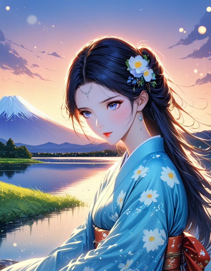 best quality, masterpiece, extremely detailed, detailed background, detailed eyes, Japanese cartoons, 1 girl, beautiful eyes, young girl, long hair girl, expressive face, kimono, vintage, Mount Fuji scenery, outdoor, Sunset, beauty的天空, lake picnic, landscape, landscape, horizon, Sitting near mountains, valve, spring, look away, mood lighting, reflection, naturalistic, detail, realism. relaxation, beauty, focus only, close up, from the side, depth of field, Bokeh