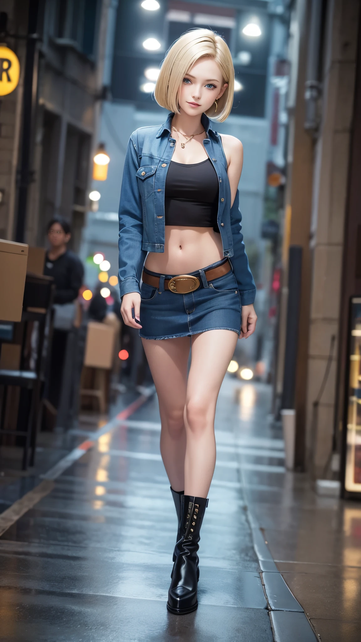 highest quality, High resolution, AND18, 1 girl, android 18, alone, blonde hair, blue eyes, short hair, cute smile,earrings, jewelry, denim dress, open vest, black sports bra, jeans miniskirt, blue mini skirt, small breasts, cowboy shot, She wears black short boots,street, (external expansion chest: 1.2),