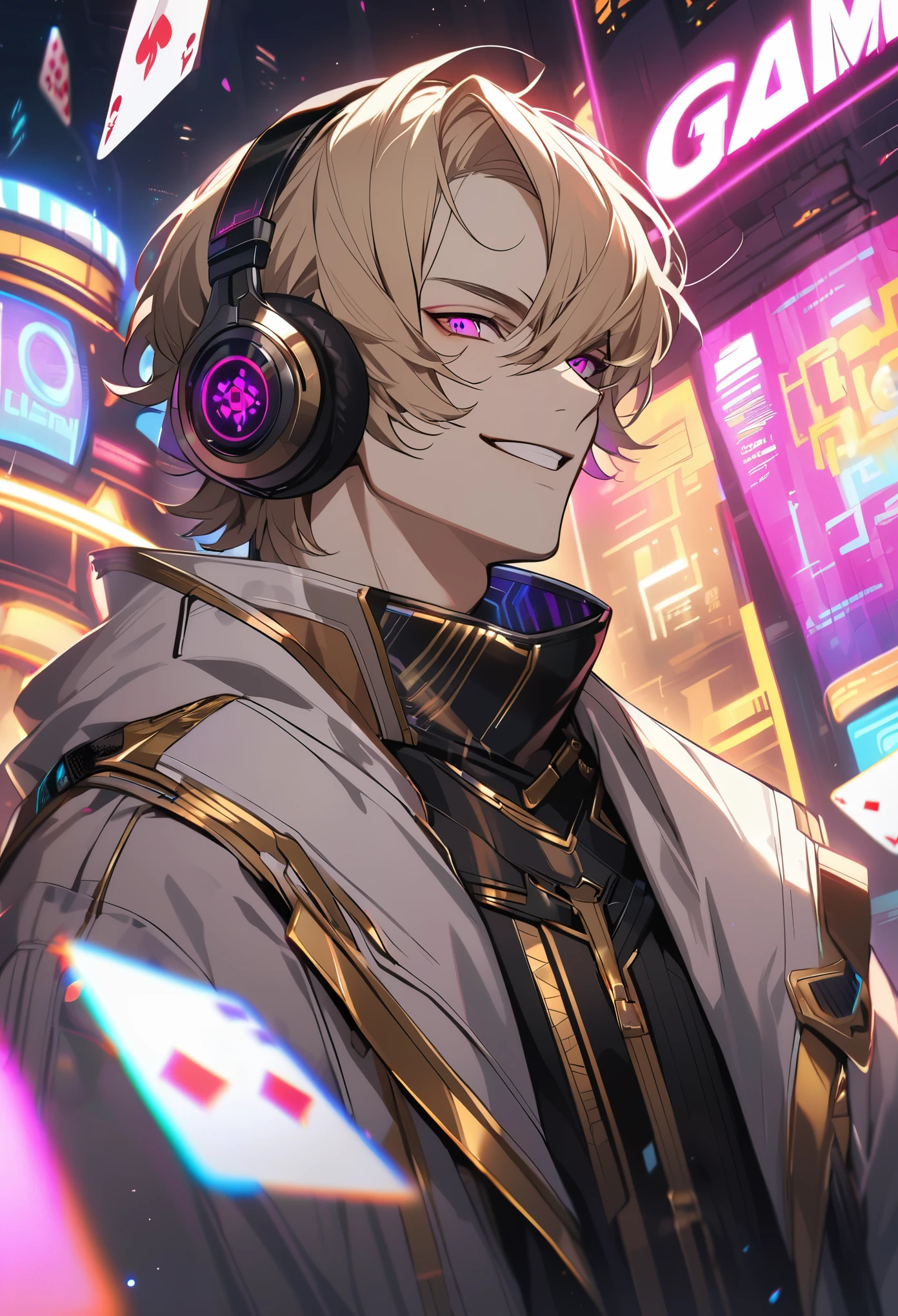 Handsome, solo, 1 male, short hair, magenta eyes, ash blonde hair, white and gold clothes, smile facial, futuristic, cyberpunk, gambler, cards, black headphone