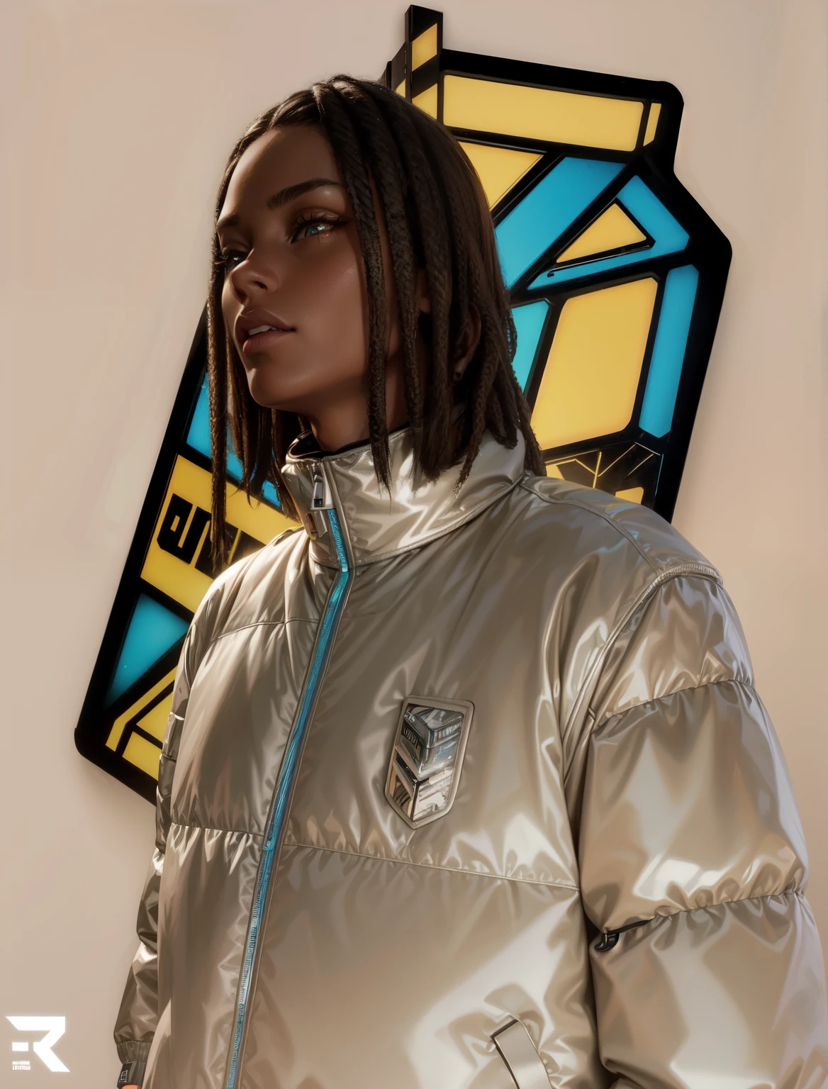 there is a man wearing a jacket with a badge on it, future inflatable jacket, reflective puffy coat, high detail iconic character, model wears a puffer jacket, reflective puffer jacket, close up character, streetwear graphic design, high detail clothing, realistically rendered clothing, highly detailed clothing, wearing cyberpunk 2 0 7 7 jacket, low detailed. digital painting, promotional render