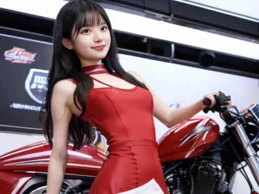 best quality, detailed, beautiful, insanely detailed, absurdres,perfect anatomy,
Japanese woman,black hair,27 years old,
(slender),
(small breasts),from front
full body shot, (motorcycle:1.0), smiling, jumping, wavy hair, (Light_Red body conscious dress,tight skirt:1.3), (A scene in which a woman stands next to a racing motorcycle:1.3), impressive panoramas,(angle from below:1.3)