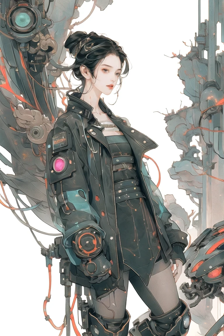 People with cyberpunk-style mechanized body parts stand out. His transparent skin reveals circuits and cables, His eyes glow with colorful LEDs. The limbs are a mixture of flesh and metal, Featuring advanced prosthetic and cybernetic interfaces. Wearing black leather jacket, The character is set in a dystopian urban setting,Surrounded by decaying skyscrapers. This image represents the fusion of humans and machines in a cyberpunk future world