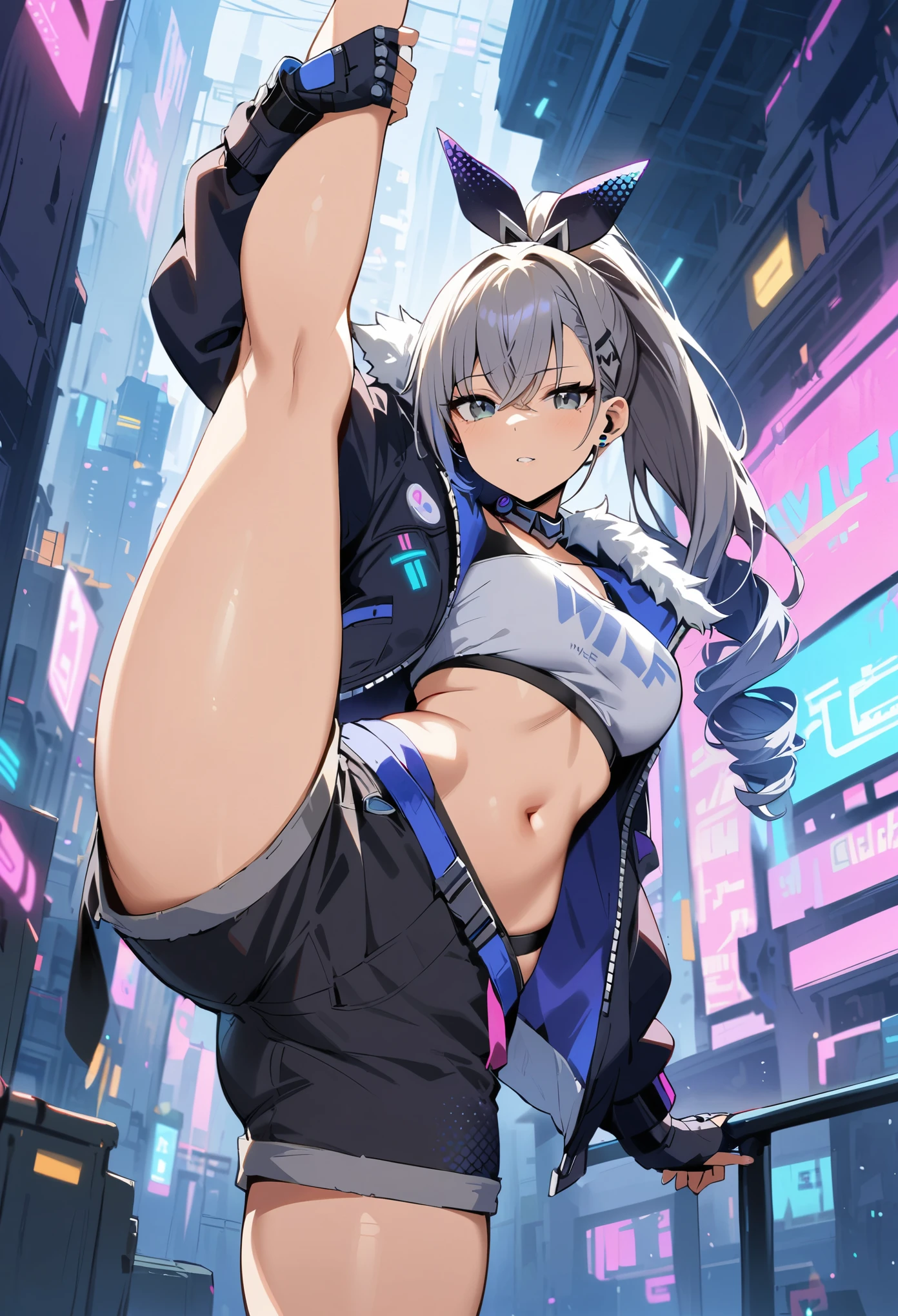 (masterpiece, best quality:1.2), 1girl, solo, standing_split, full body, silver wolf, gray eyes, high ponytail, cyberpunk, white top, open belly, shorts, fur coat, in cyberpunk city,neon light