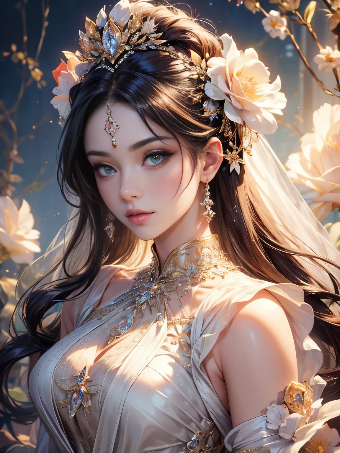 (masterpiece:1.2),high resolution,beautiful aristocratic girl in a dynamic half-body portrait,elegant hair gracefully piled up,clear eyes,hair adorned with exquisite floral arrangements,crystal jewelry thread,ultra-detailed details,upgraded.