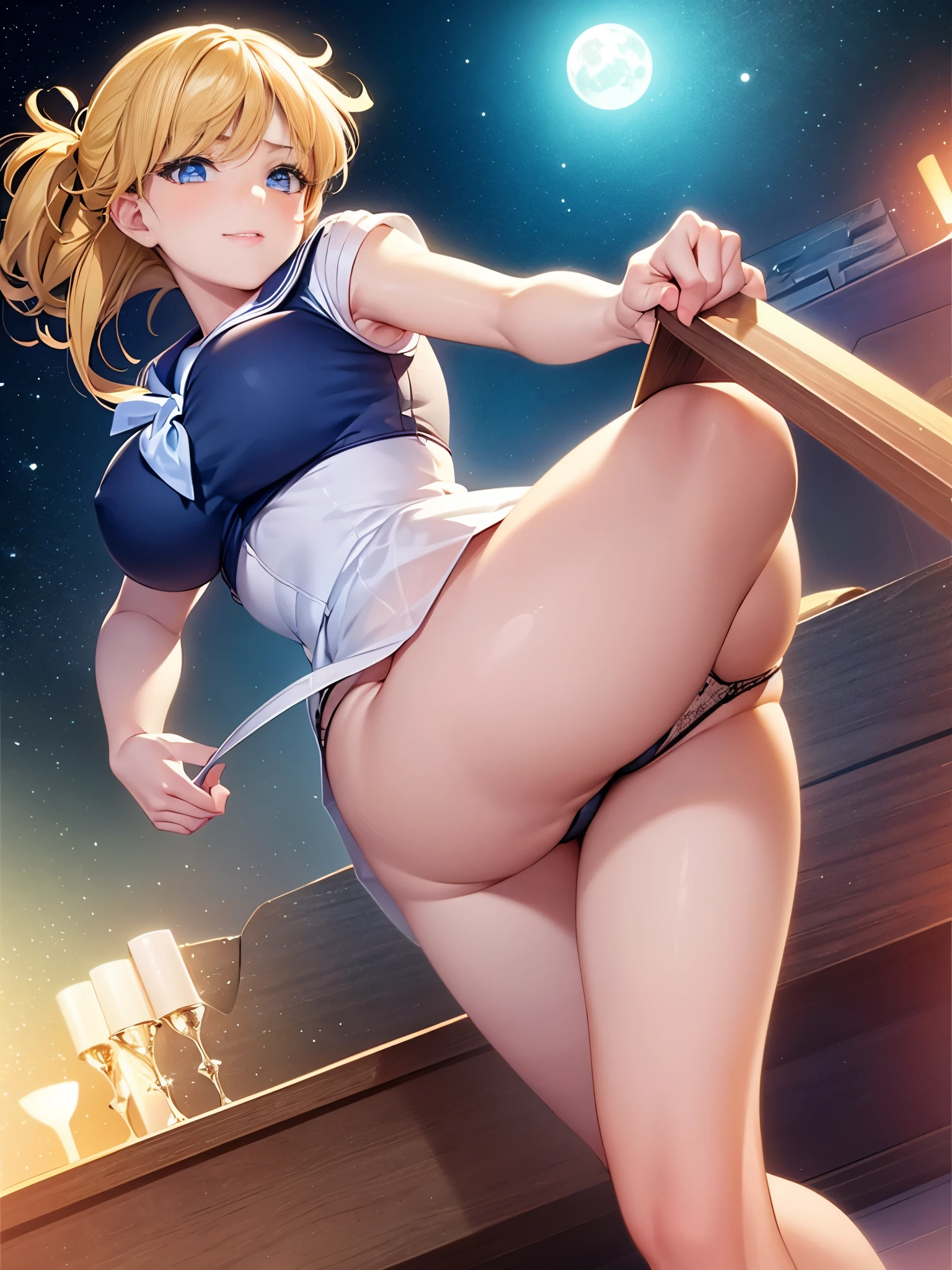 1 girl, light smile, shiny skin, highest quality, table top, (game CG:1.4), NSFW, detailed beautiful face and eyes,big breasts、small area see-through lingerie, sailor venus, I could feel the fight, Severe, cowboy shot、big and full breasts、full moon night、beautiful starry sky、((highest quality)), (Super detailed), very detailed, High resolution raw color photos, professional photography, ((beautiful big breasts)), wonderful face and eyes, (see through panties:1.2)、、big ass、looked back、Close up of cameltoe、from below