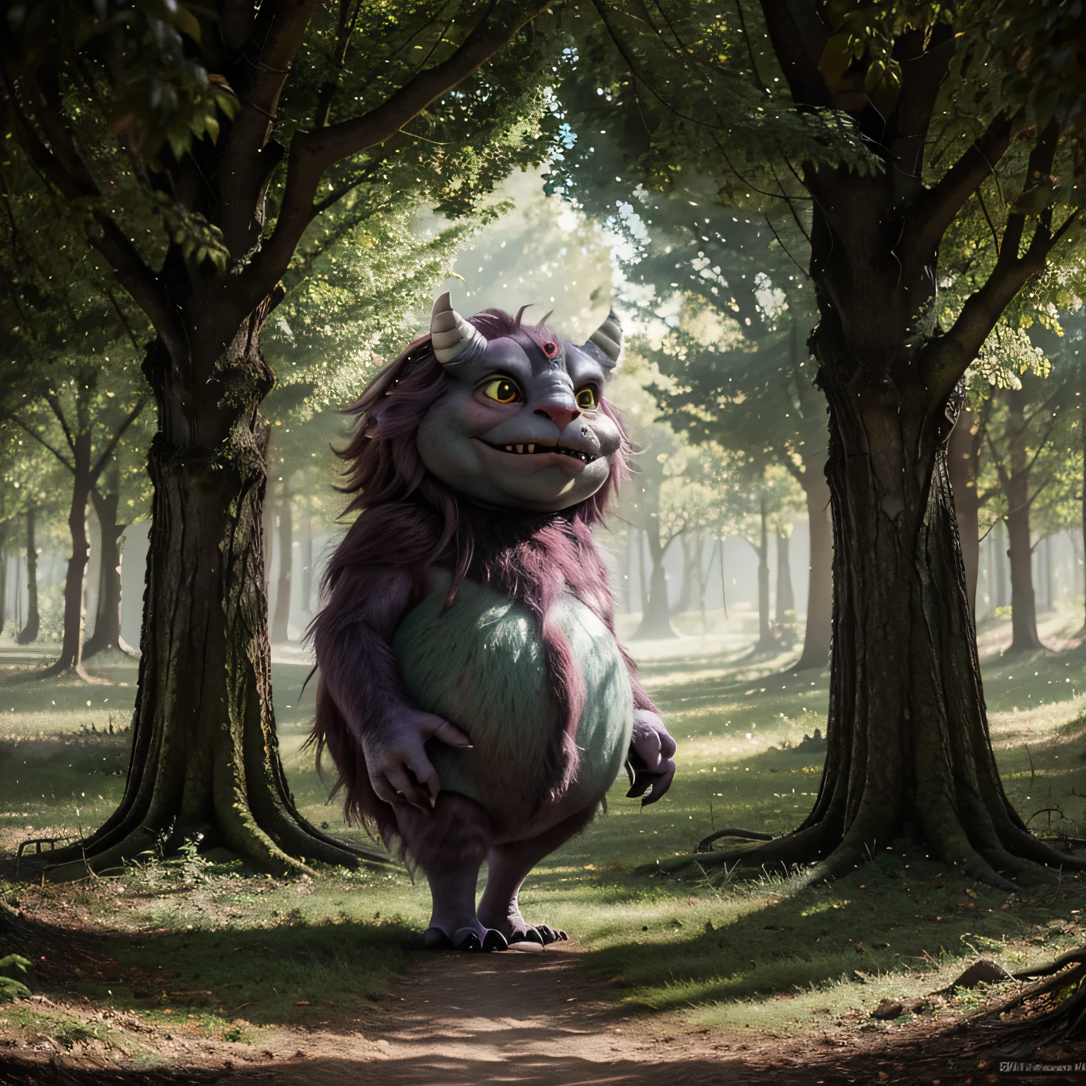 A monstrous creature depicted in a whimsical fairy tale art style, with soft pastel colors and enchanted forest scenery.