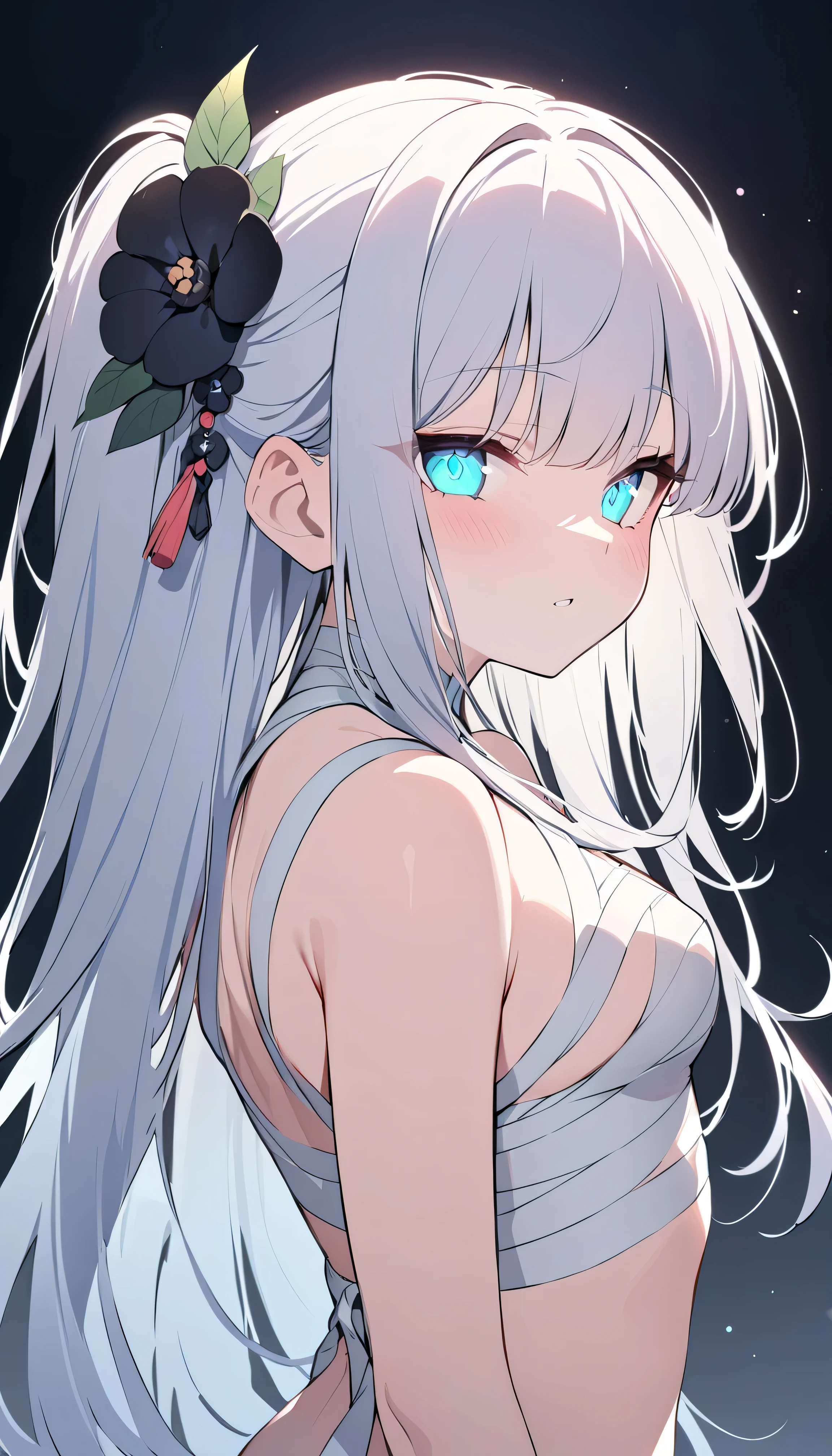 masterpiece, best quality,1girl, solo, long hair, split-color_hair, white_hair, black_hair, grey eyes, dress, looking at viewer, parted lips, bangs, china dress, very long hair, white background, white eyes, blurry, black_pantyhose, Old Version