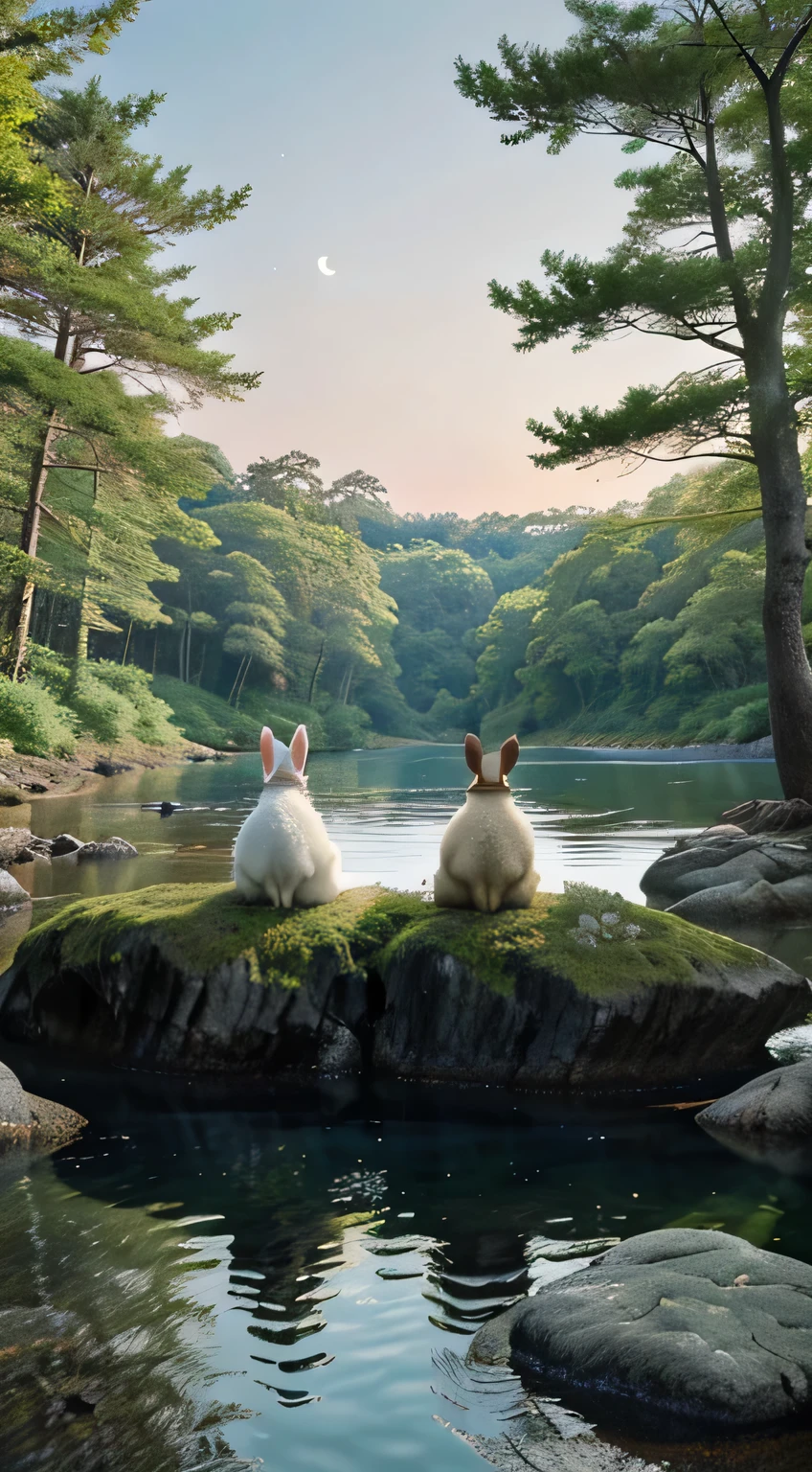 There are two rabbits sitting on rocks close to bodies of water, A beautiful artwork illustration, anime beautiful peace scene, 4 k hd wallpaper illustration, a forest with bunnies, Beautiful art UHD 4 K, Anime fantasy illustration, 4 k hd illustrative wallpaper, serene illustration, dreamlike illustration, fantasy matte painting,Cute, anime landscape wallpapers, whimsical fantasy landscape art,Moon HD soft